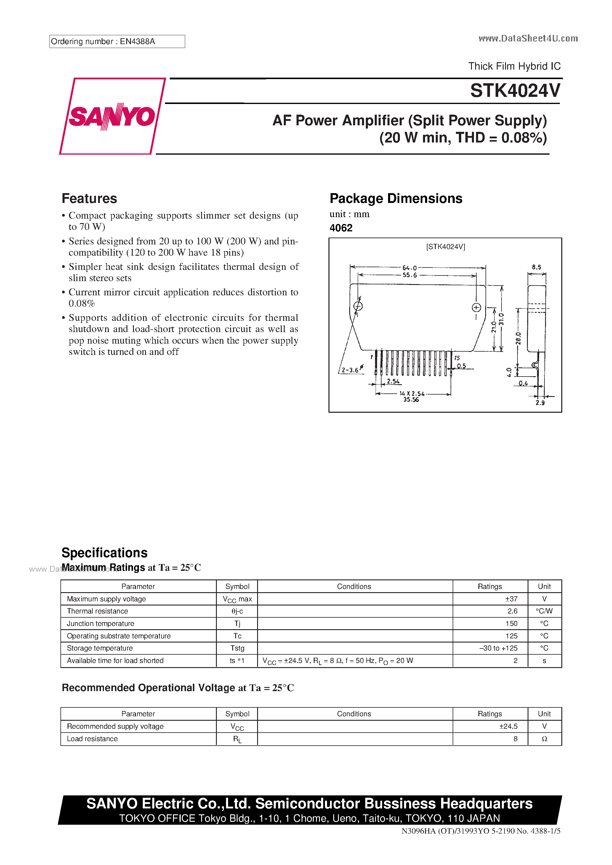 Datasheet STK4024V - AF Power Amplifier page 1