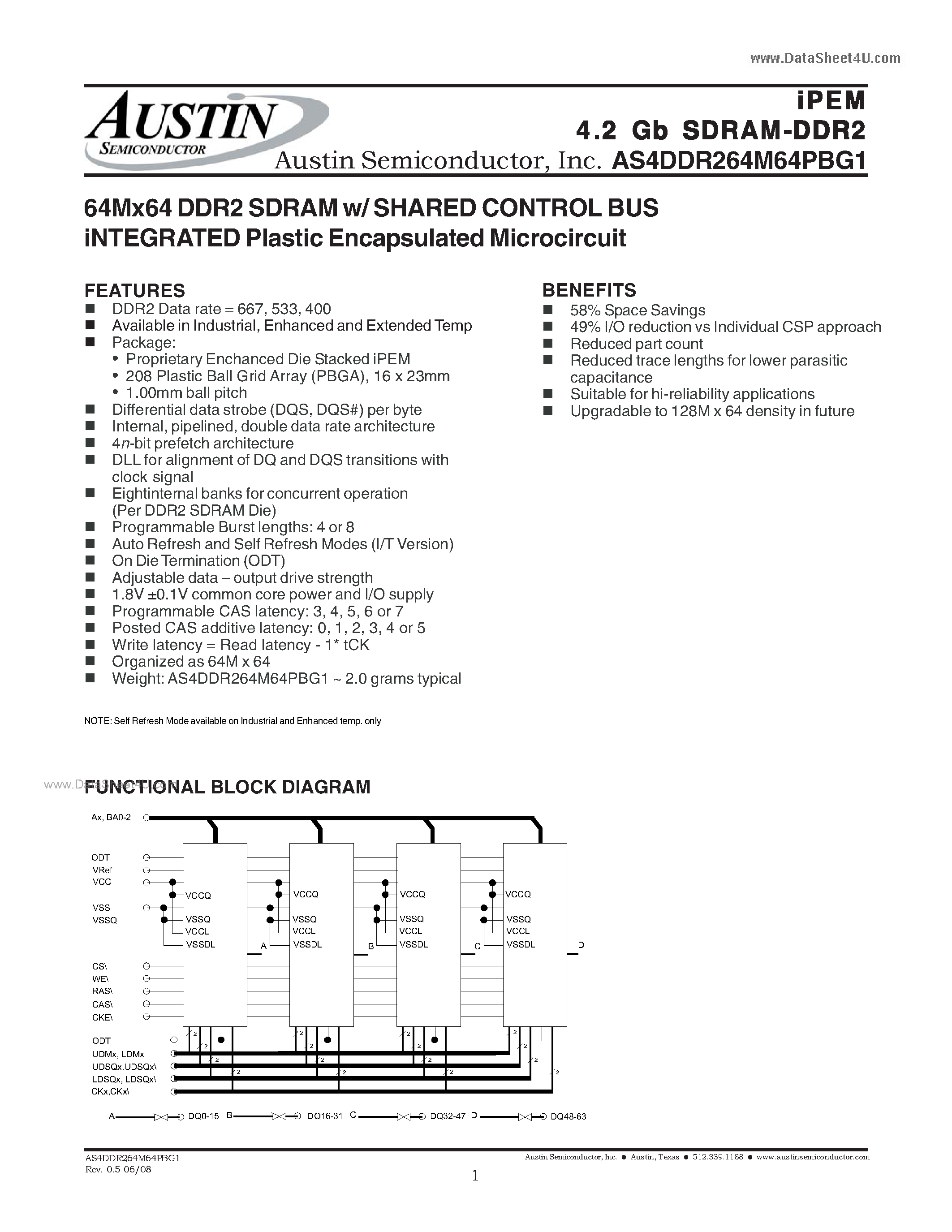 Даташит AS4DDR264M64PBG1 - 64Mx64 DDR2 SDRAM w/ SHARED CONTROL BUS iNTEGRATED Plastic Encapsulated Microcircuit страница 1