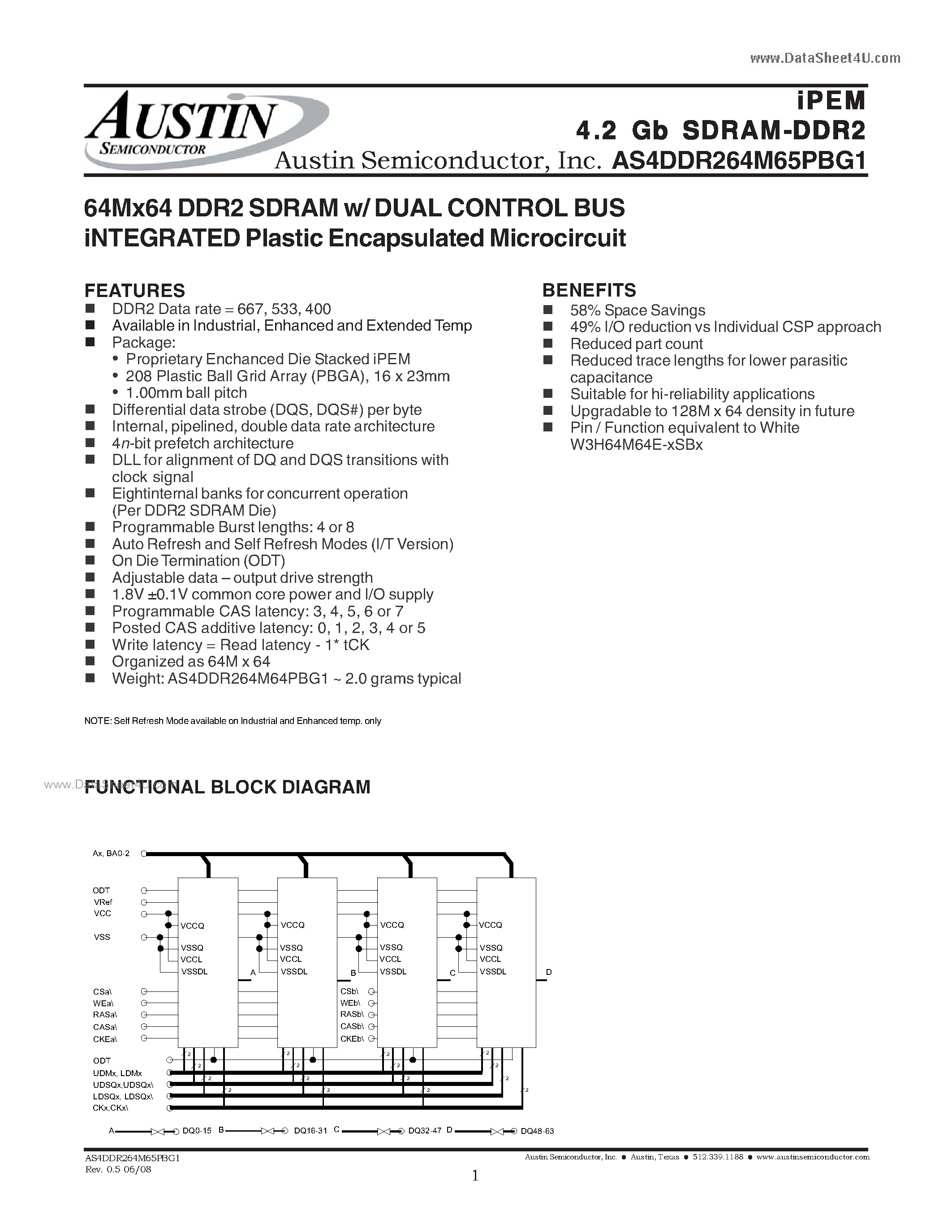 Даташит AS4DDR264M65PBG1 - 64Mx64 DDR2 SDRAM w/ DUAL CONTROL BUS iNTEGRATED Plastic Encapsulated Microcircuit страница 1