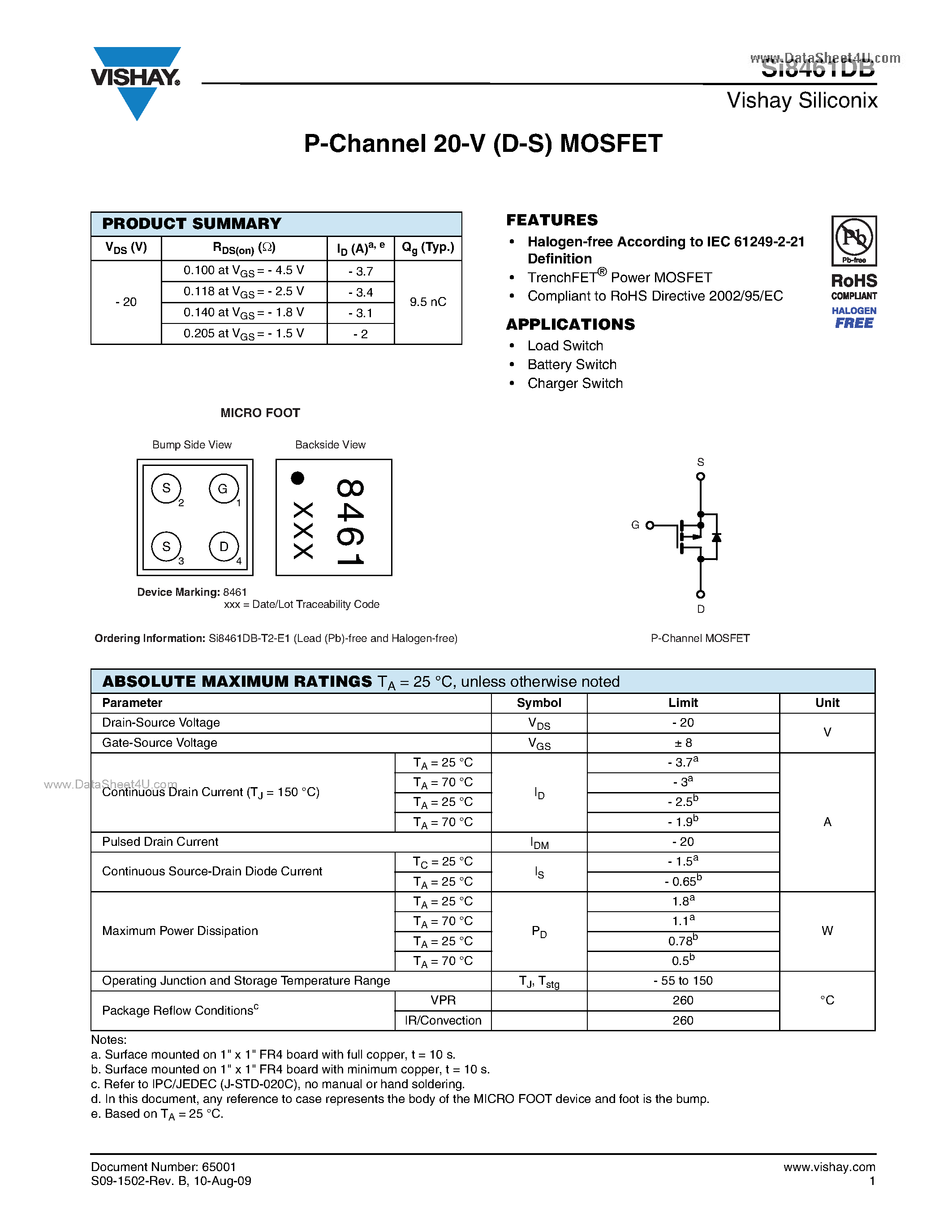 Даташит Si8461DB - P-Channel 20-V (D-S) MOSFET страница 1