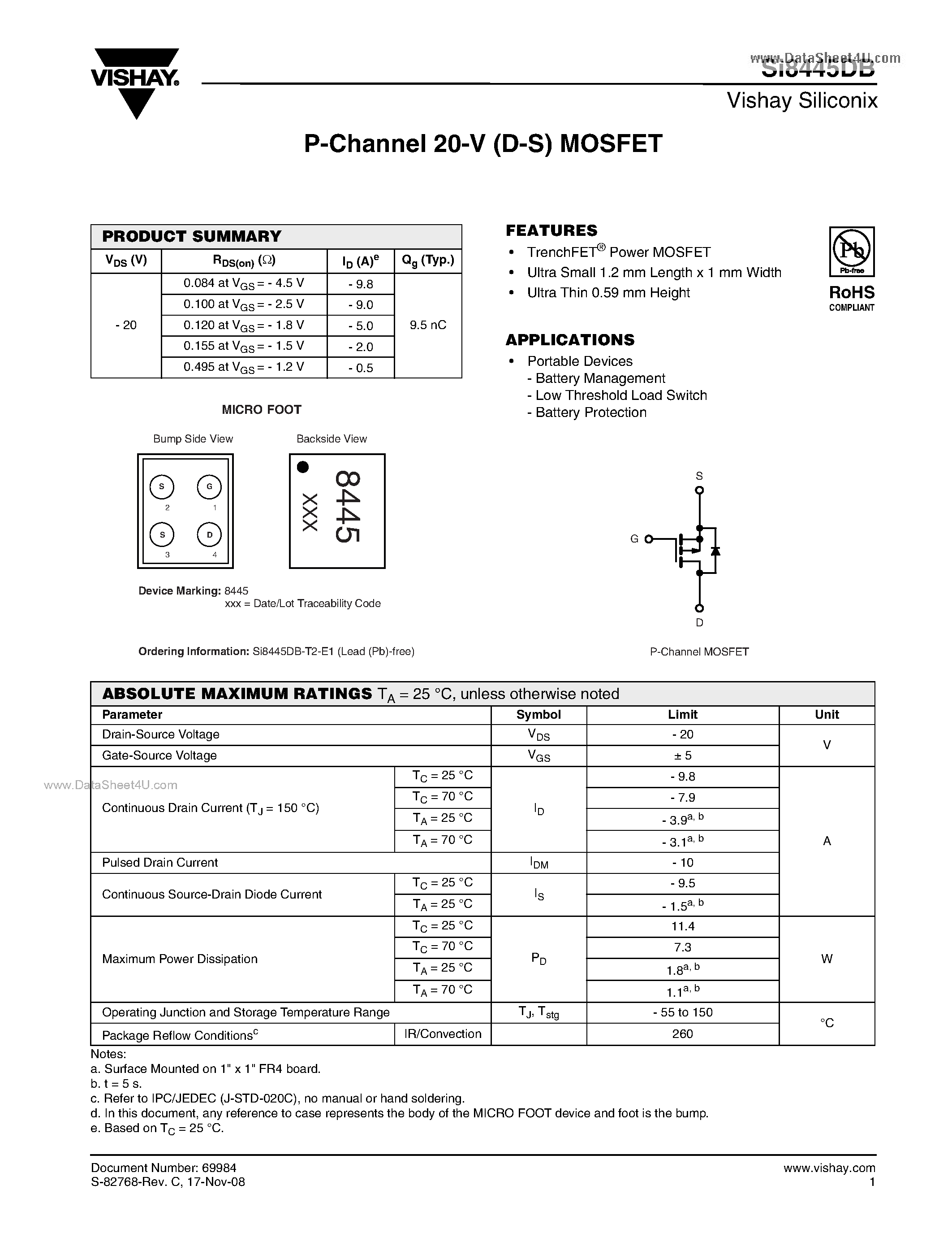 Даташит Si8445DB - P-Channel 20-V (D-S) MOSFET страница 1