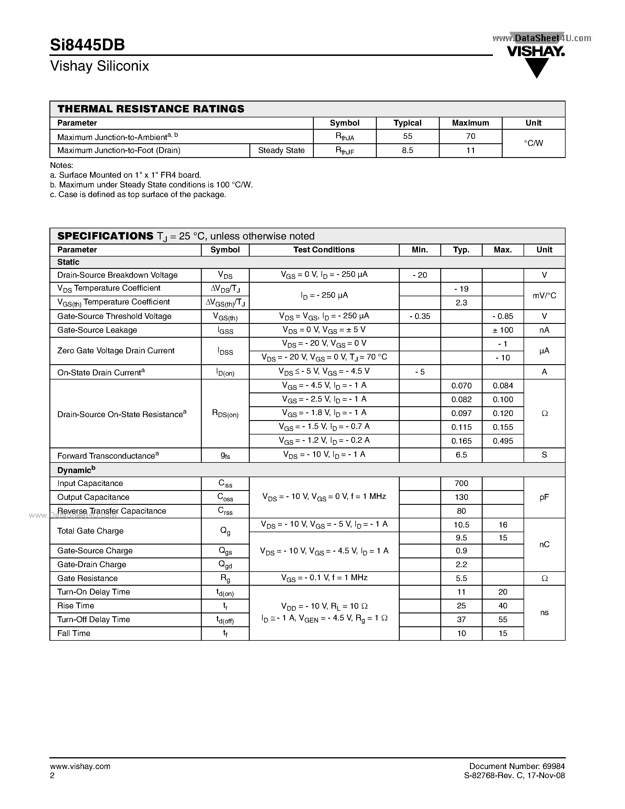 Даташит Si8445DB - P-Channel 20-V (D-S) MOSFET страница 2