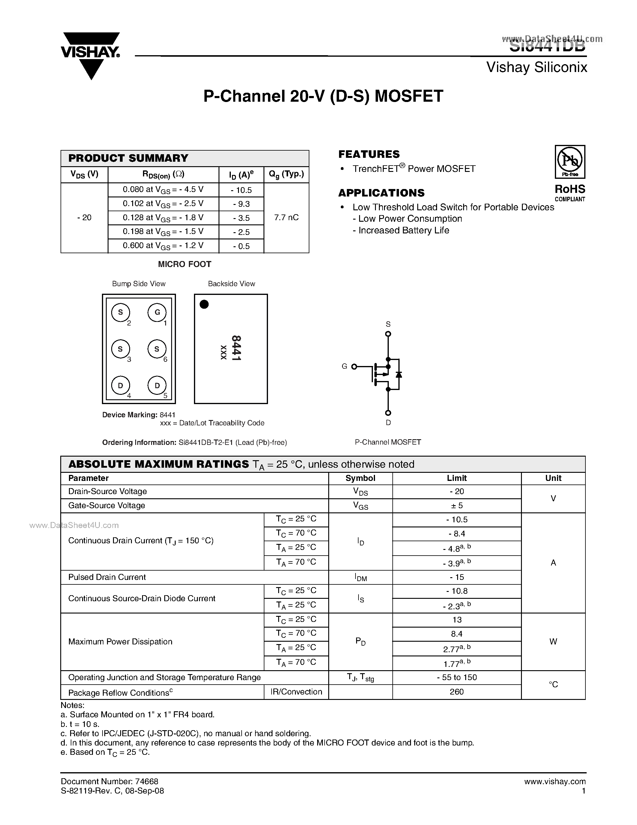 Даташит Si8441DB - P-Channel 20-V (D-S) MOSFET страница 1