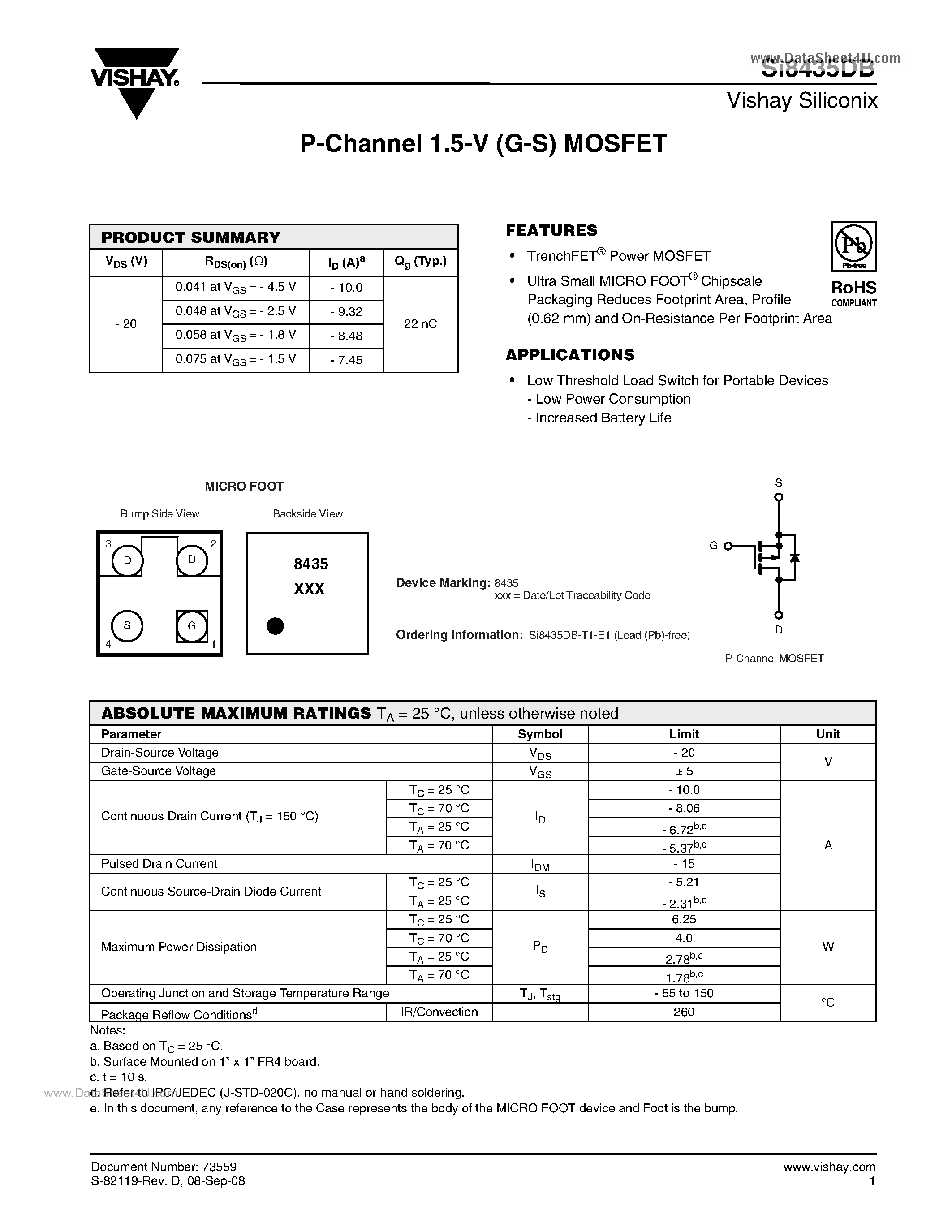 Даташит Si8435DB - P-Channel 20-V (D-S) MOSFET страница 1