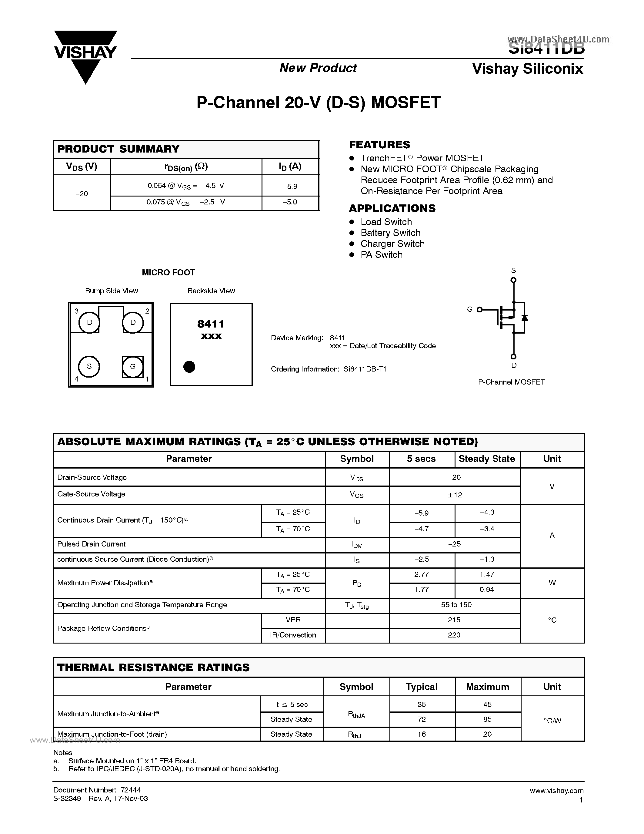 Даташит SI8411DB - P-Channel 20-V (D-S) MOSFET страница 1