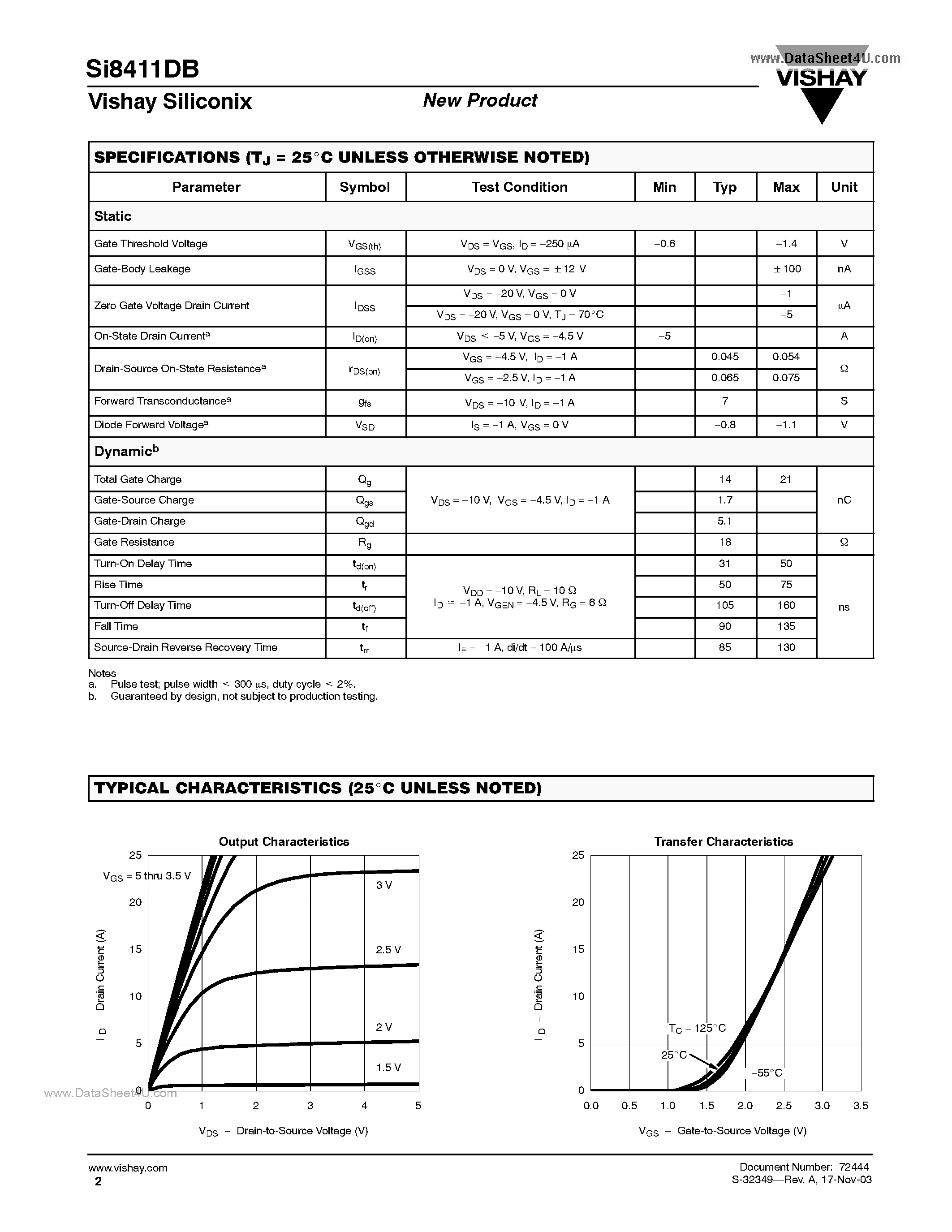 Даташит SI8411DB - P-Channel 20-V (D-S) MOSFET страница 2