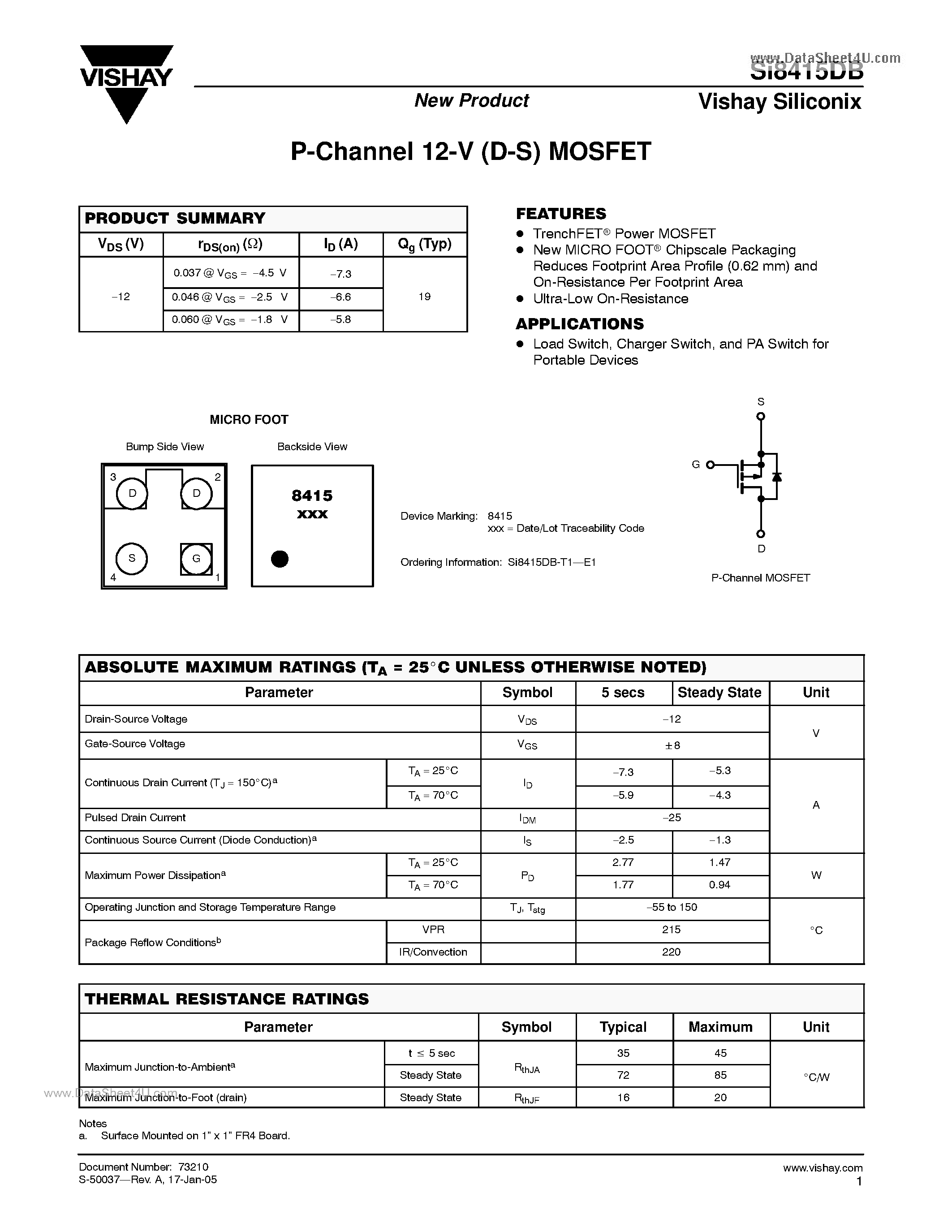 Даташит SI8415DB - P-Channel 12-V (D-S) MOSFET страница 1