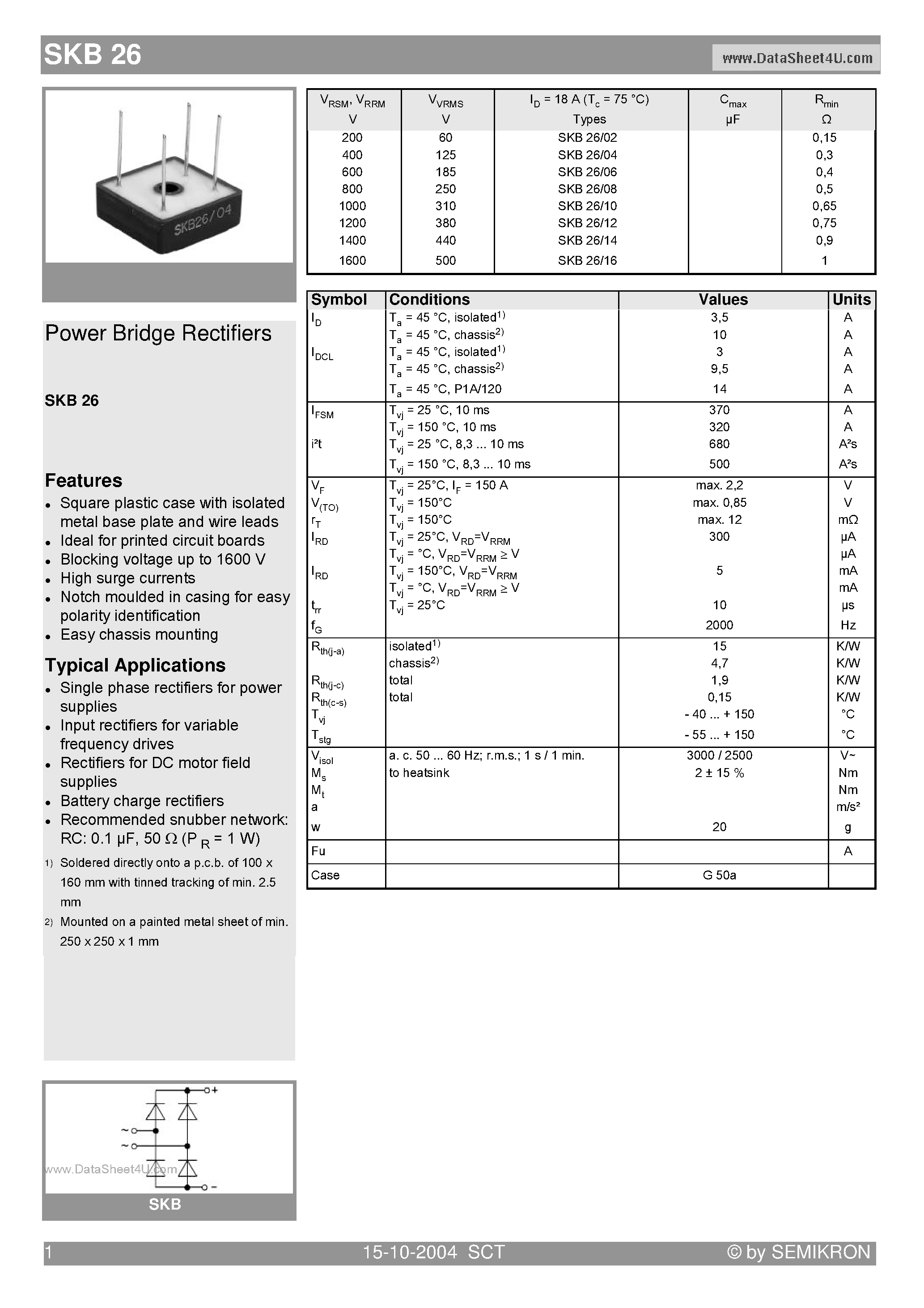 Datasheet SKB26 - Power Bridge Rectifiers page 1