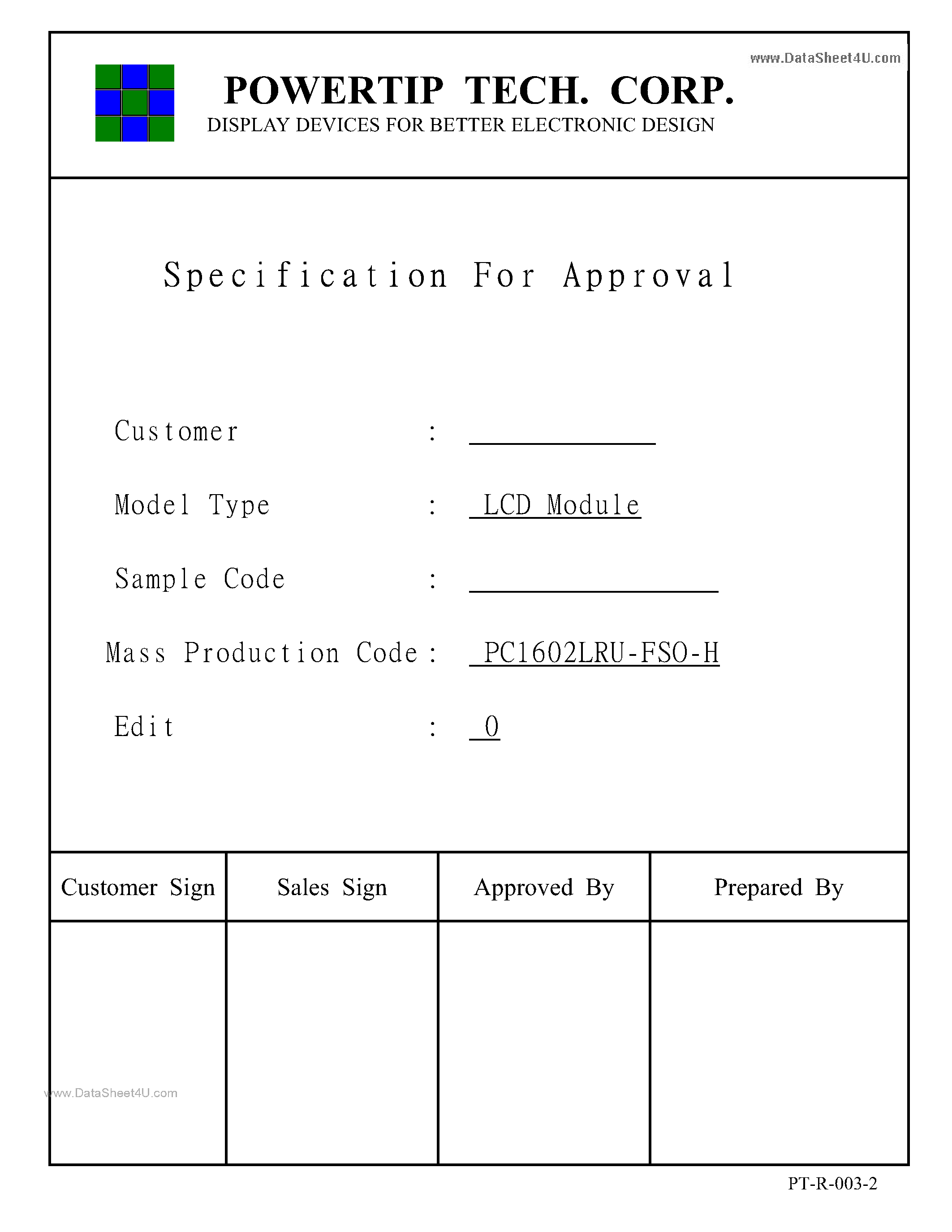 Даташит PC1602LRU-FSO-H - LCD Module страница 1