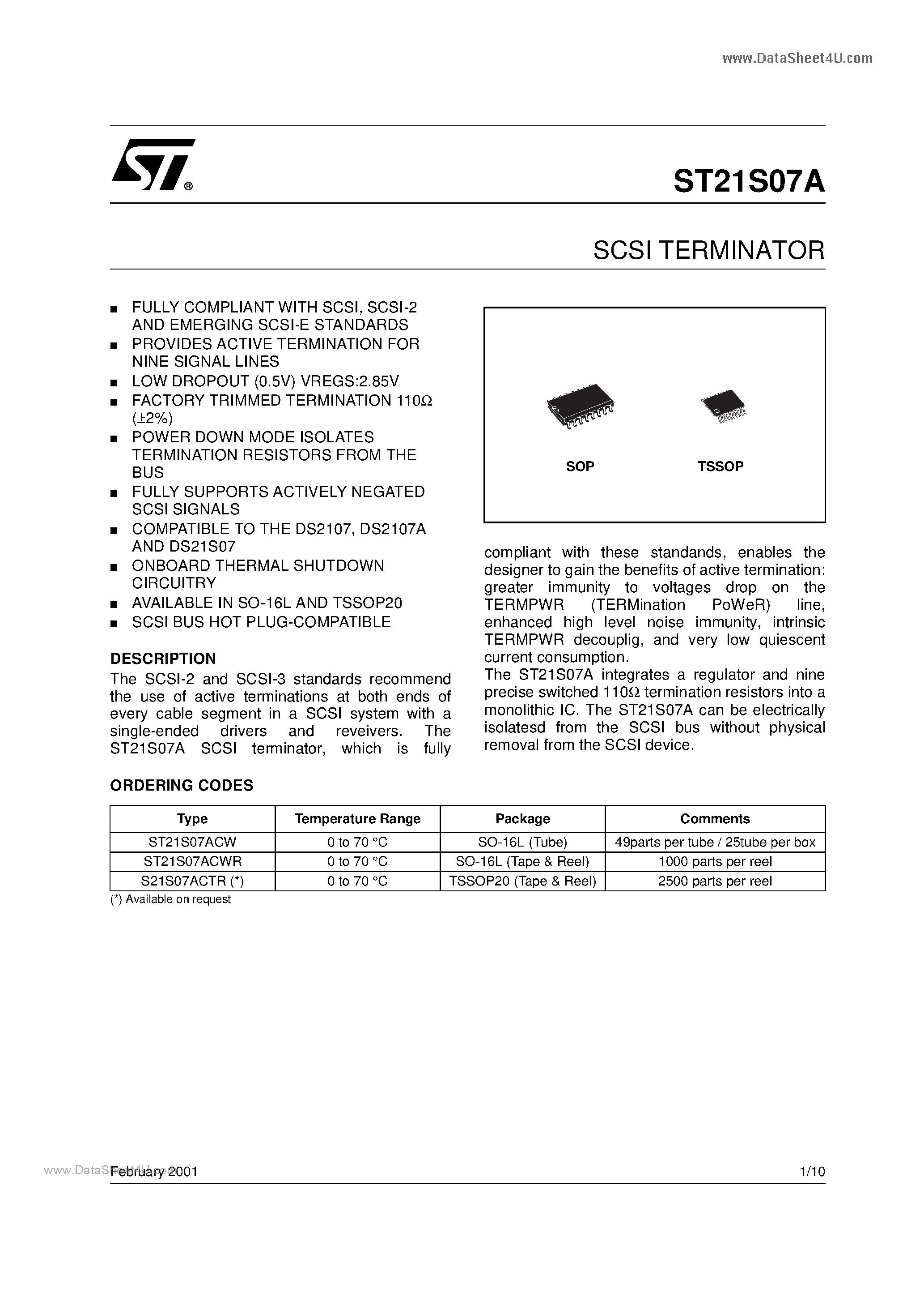 Даташит ST21S07A - SCSI TERMINATOR страница 1