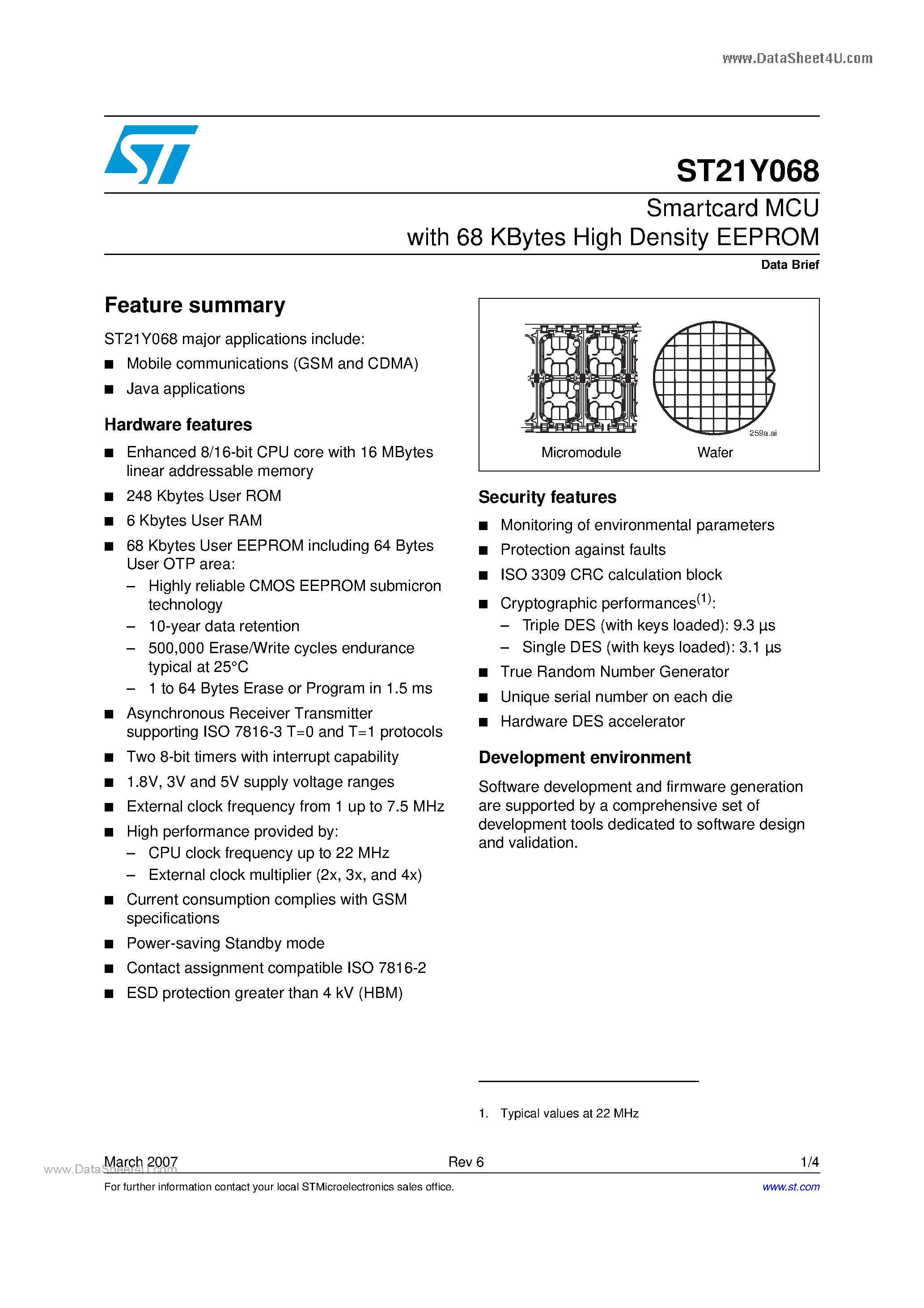 Даташит ST21Y068 - Smartcard MCU страница 1