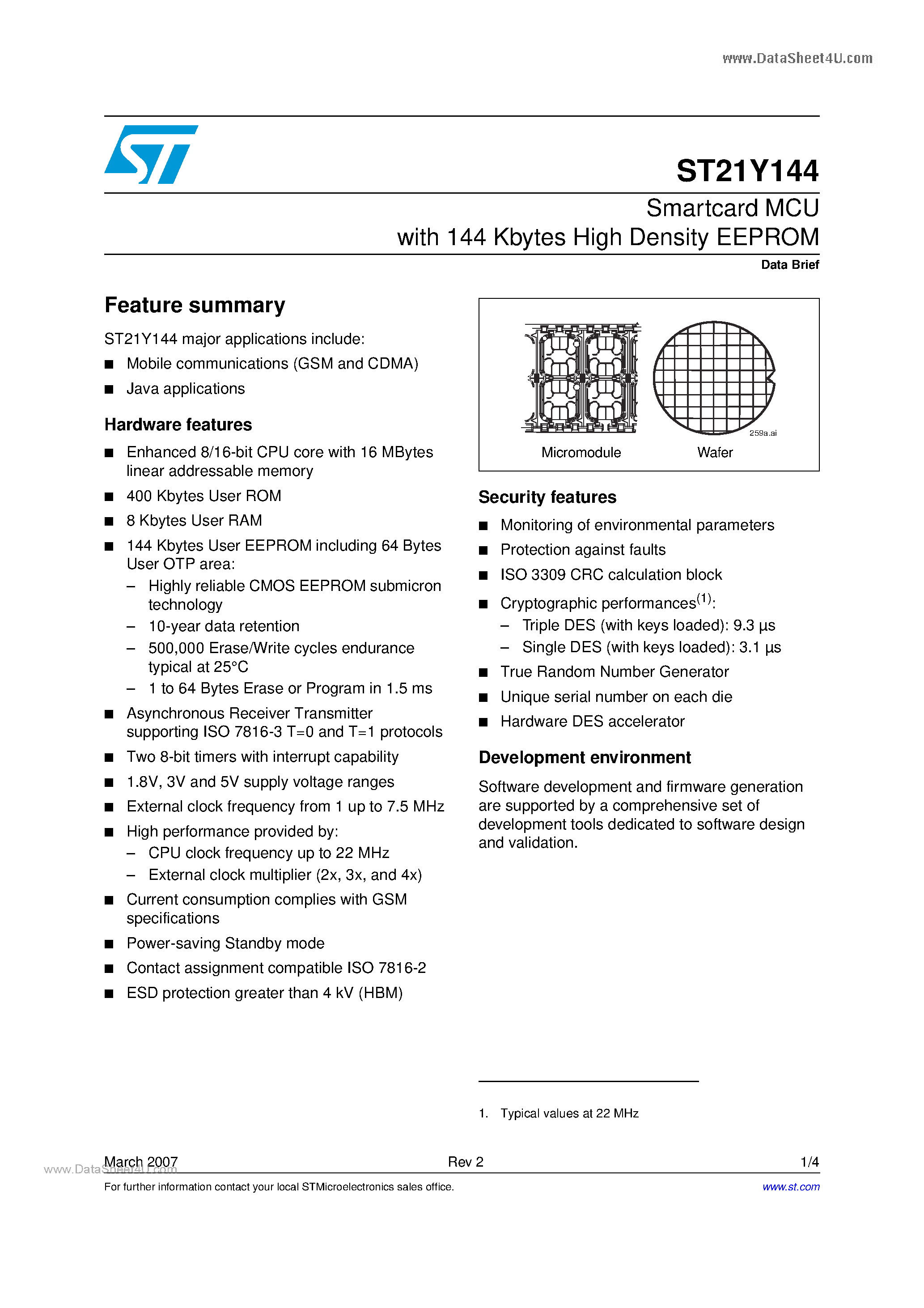 Даташит ST21Y144 - Smartcard MCU страница 1