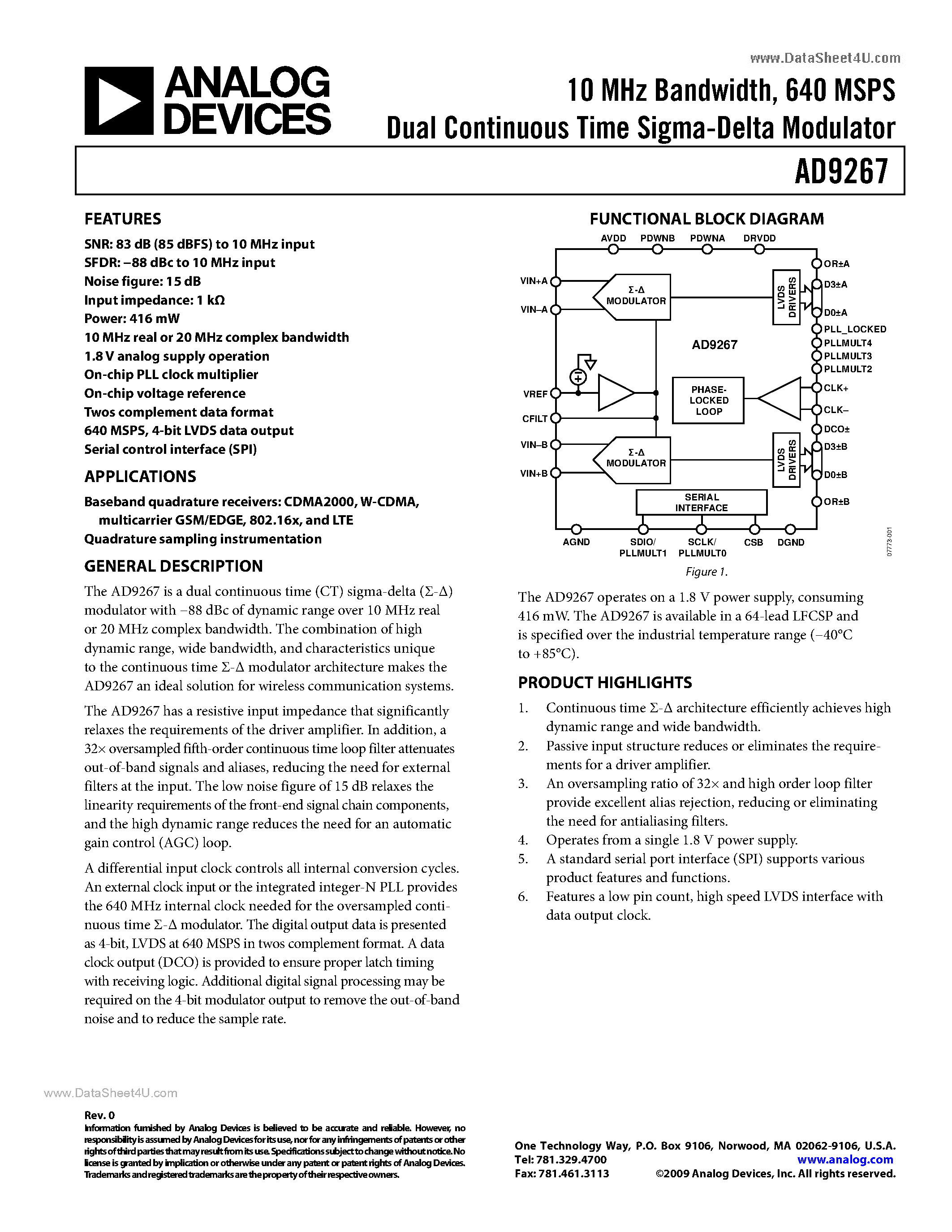 Datasheet AD9267 - 640 MSPS Dual Continuous Time Sigma-Delta Modulator page 1