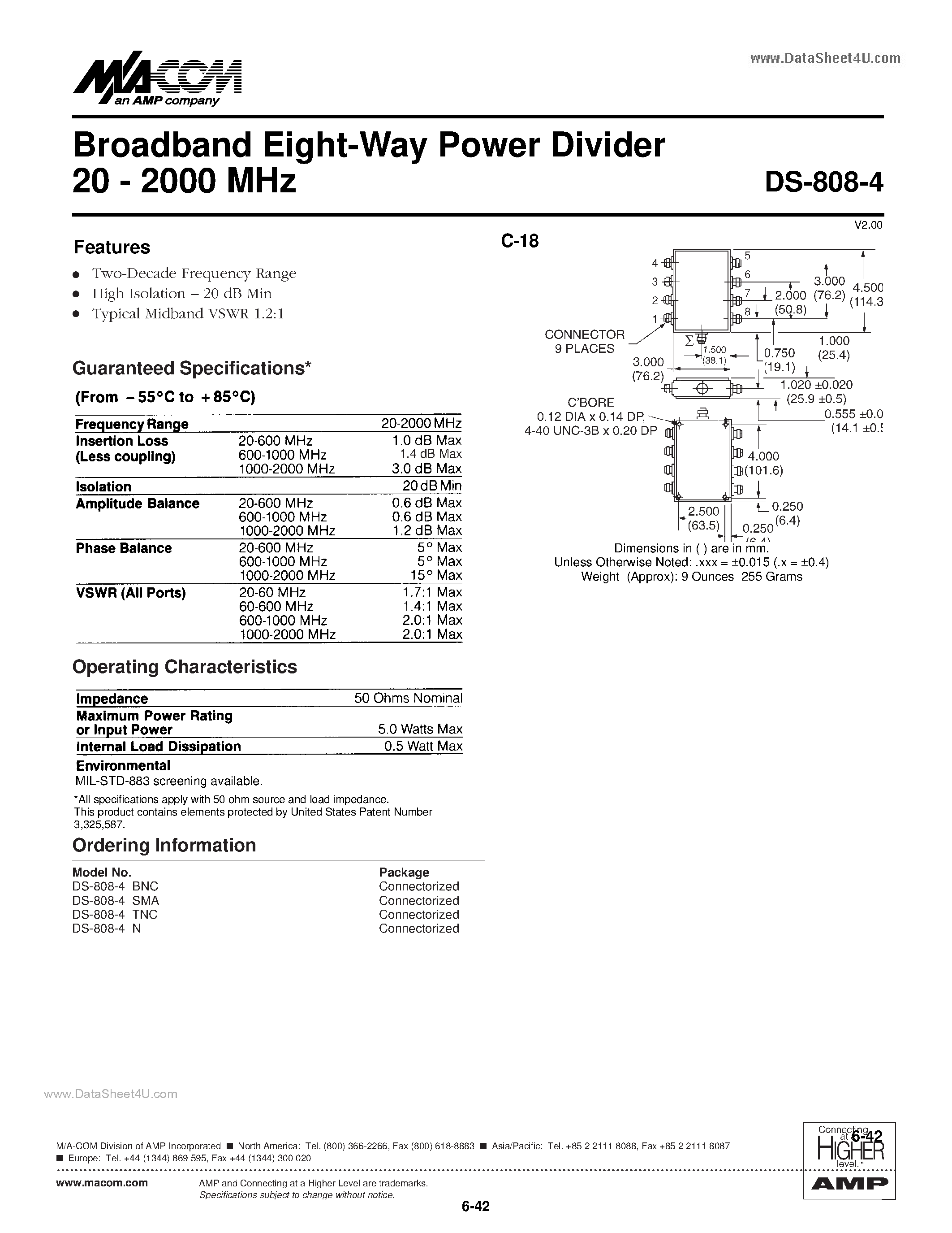 Даташит DS-808-4 - Broadband Eight-Way Power Divider 20 - 2000 MHz страница 1