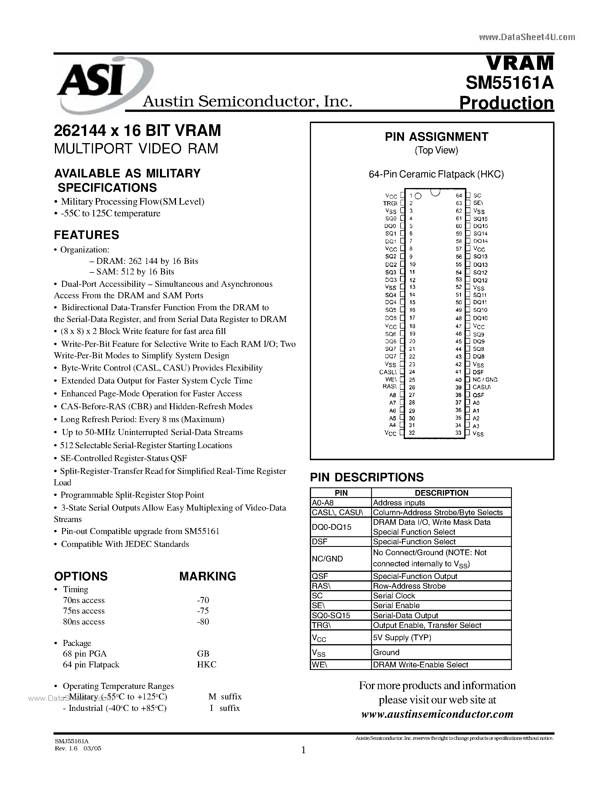 Datasheet SM55161A - 262144 x 16 BIT VRAM MULTIPORT VIDEO RAM page 1