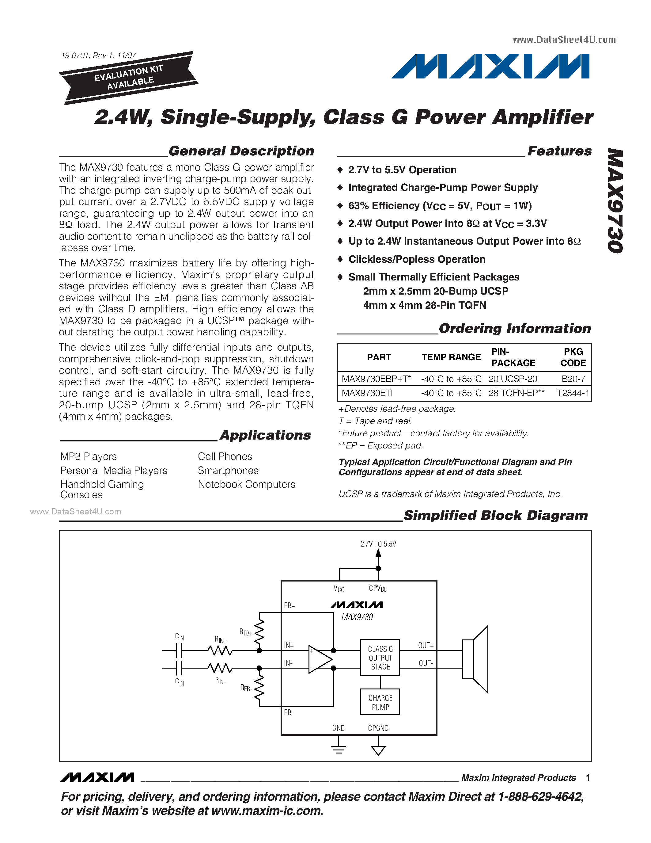 Datasheet MAX9730 - Class G Power Amplifier page 1