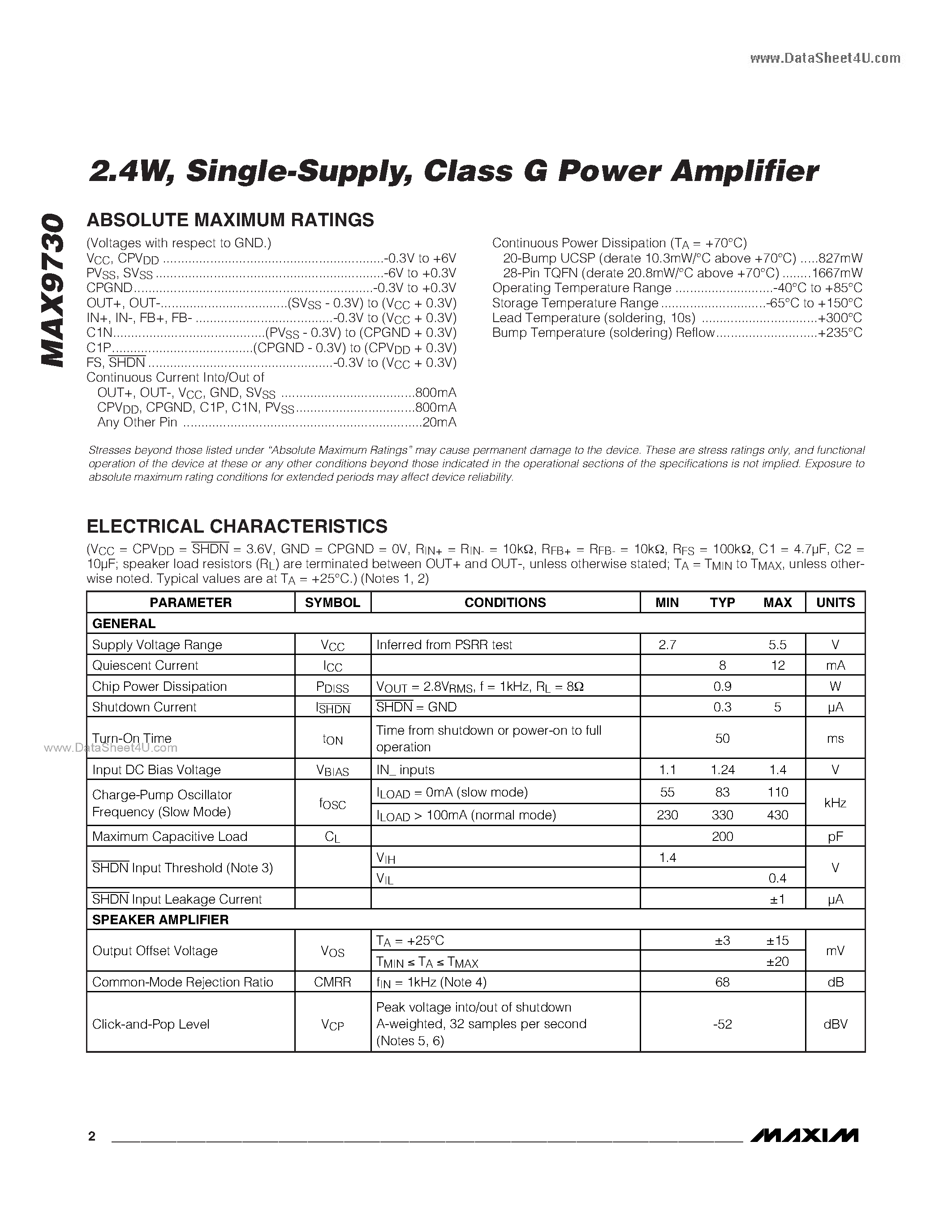 Datasheet MAX9730 - Class G Power Amplifier page 2