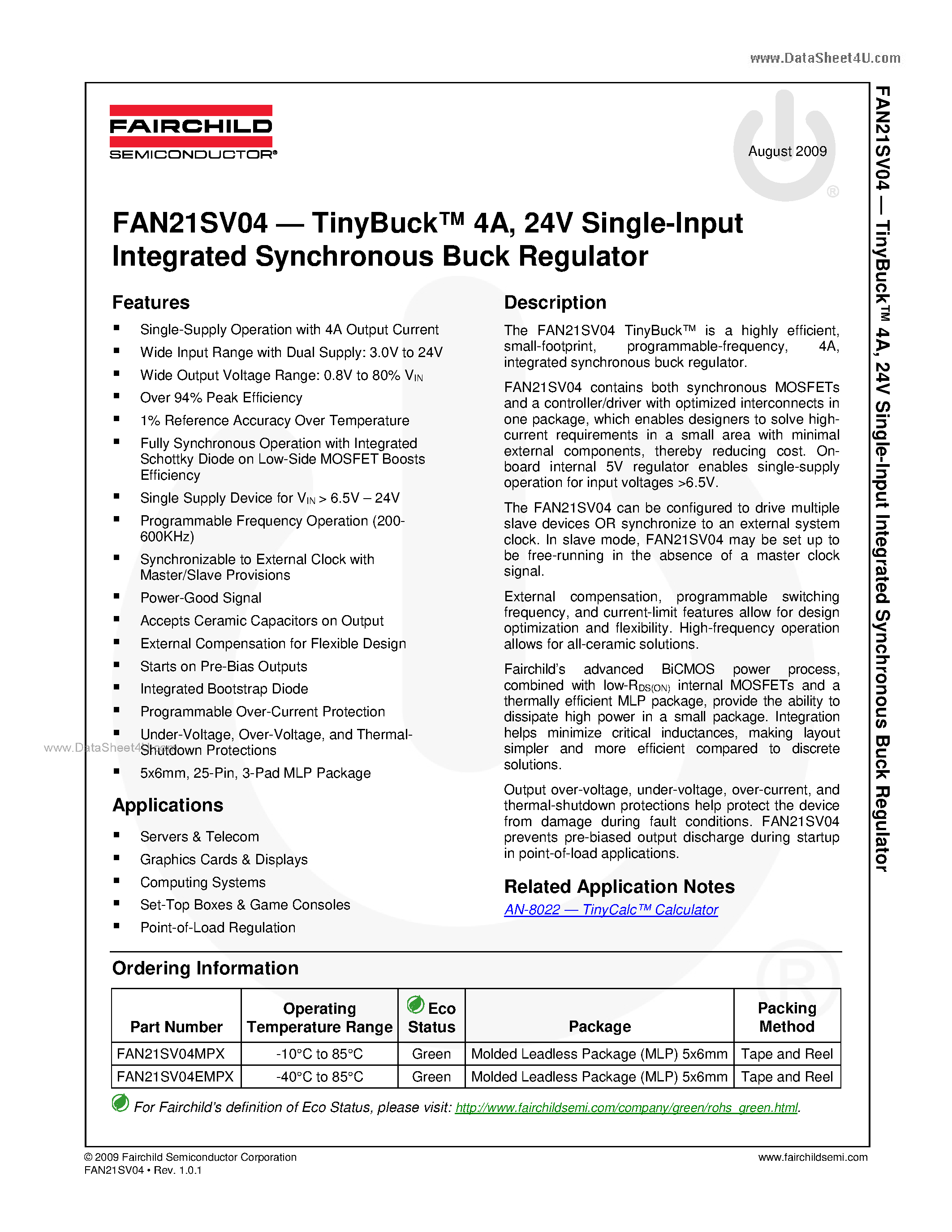 Даташит FAN21SV04 - 24V Single-Input Integrated Synchronous Buck Regulator страница 1