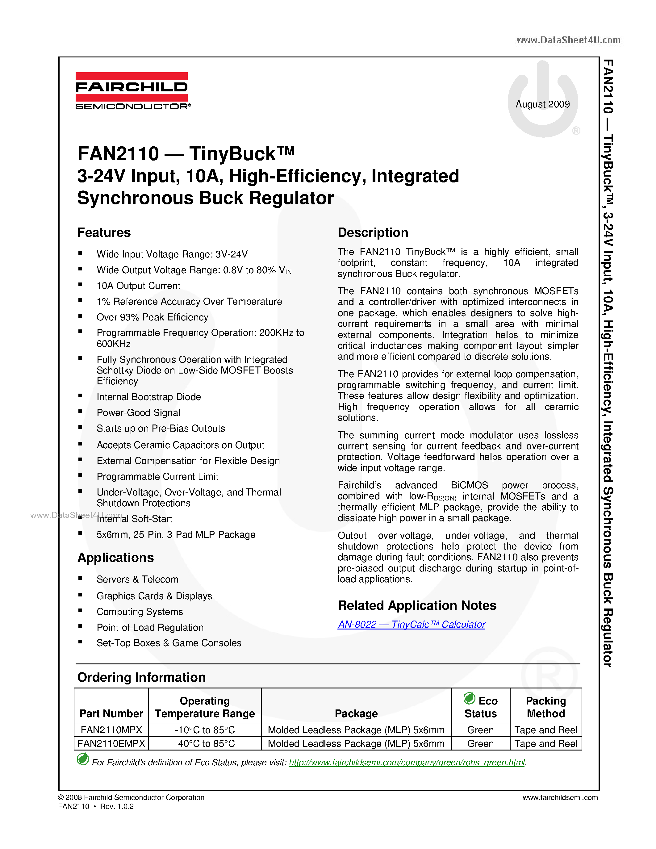 Даташит FAN2110 - Integrated Synchronous Buck Regulator страница 1