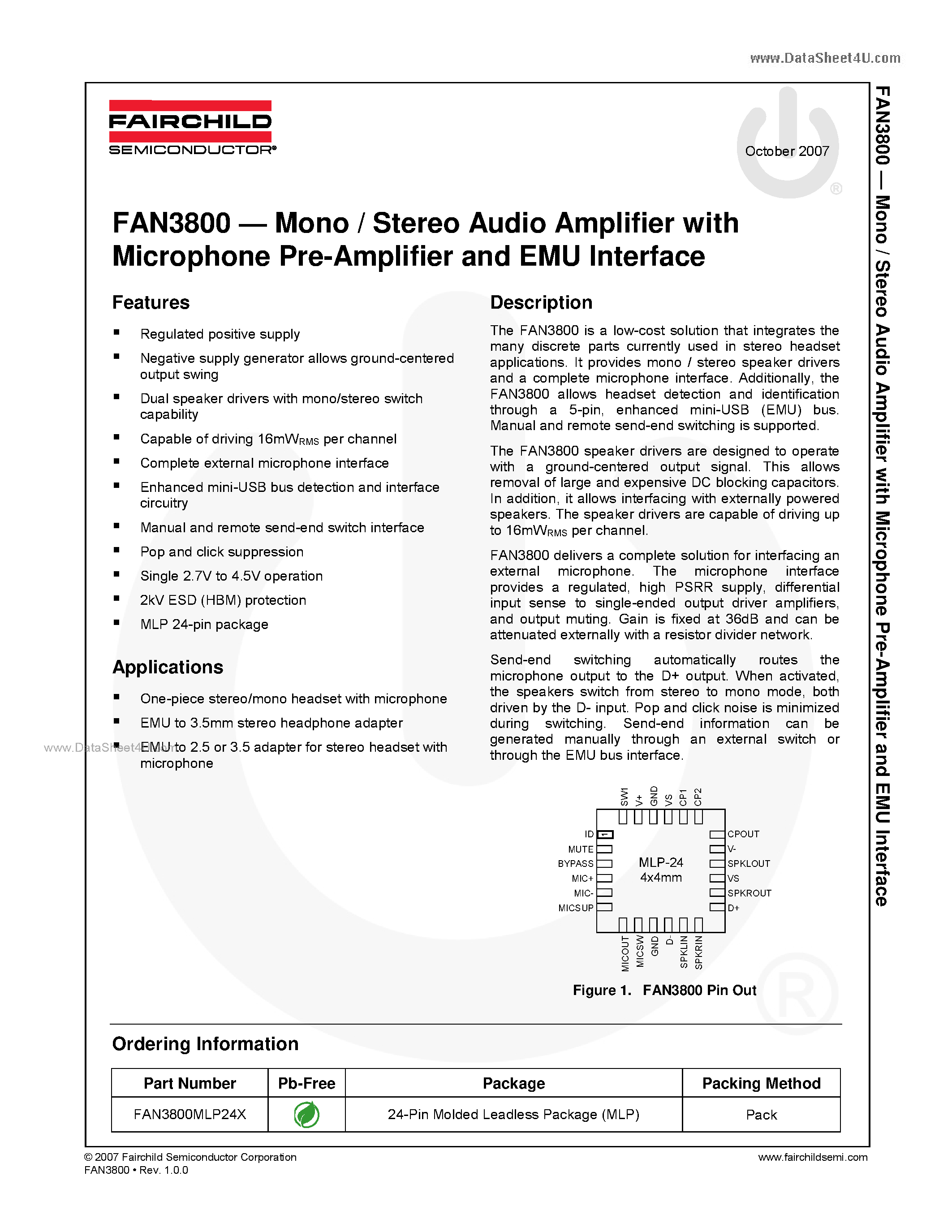 Даташит FAN3800 - Mono / Stereo Audio Amplifier страница 1