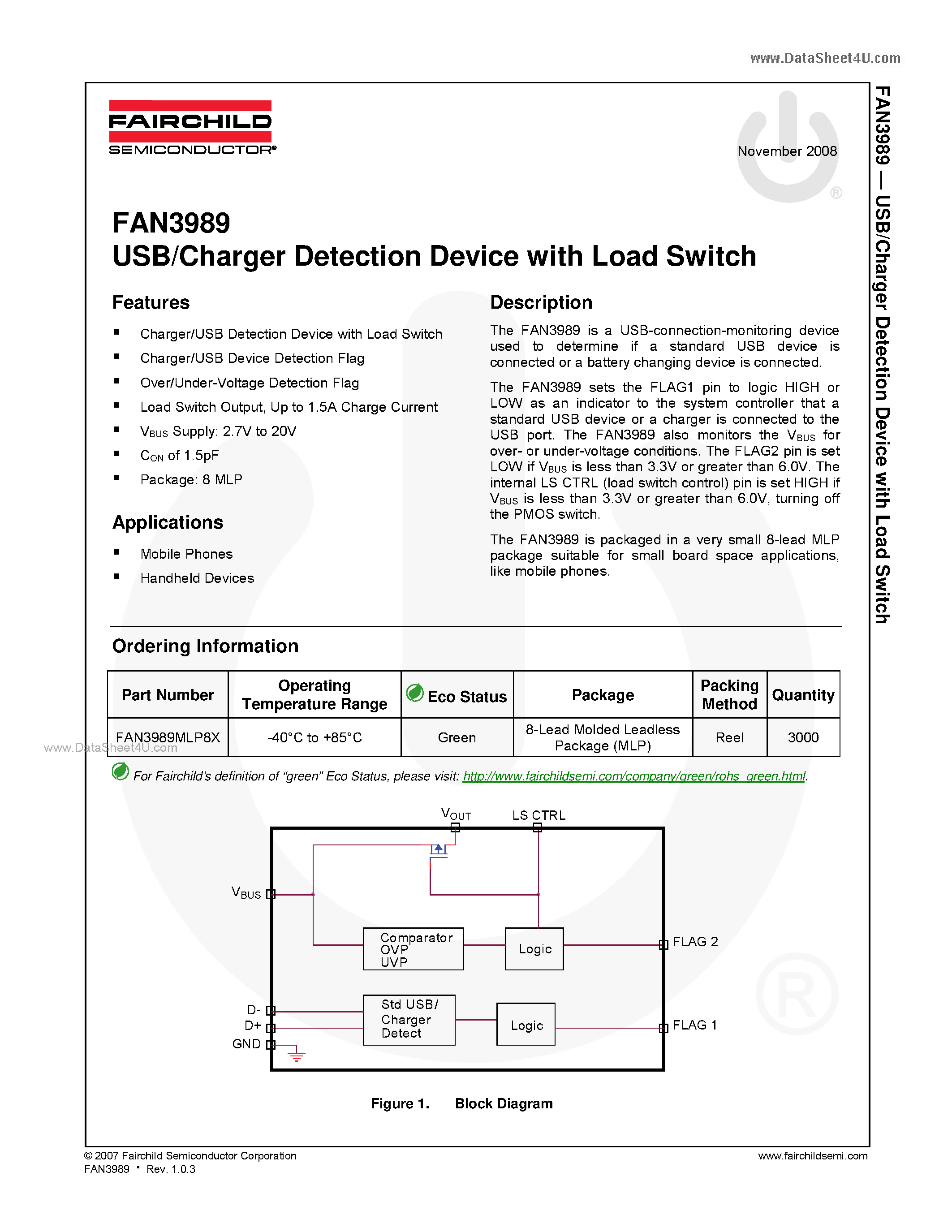 Даташит FAN3989 - USB/Charger Detection Device страница 1