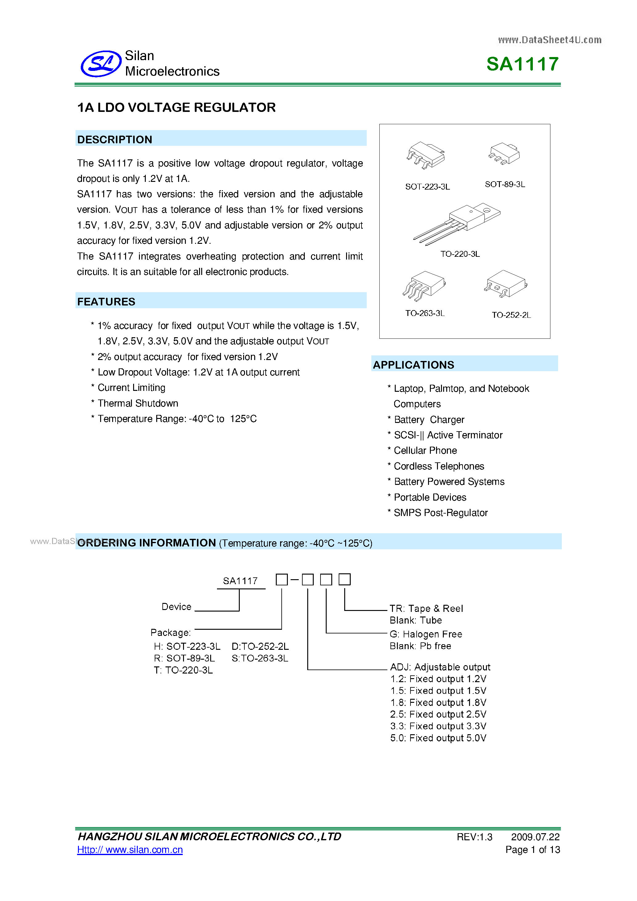 Datasheet SA1117 - 1A LDO VOLTAGE REGULATOR page 1