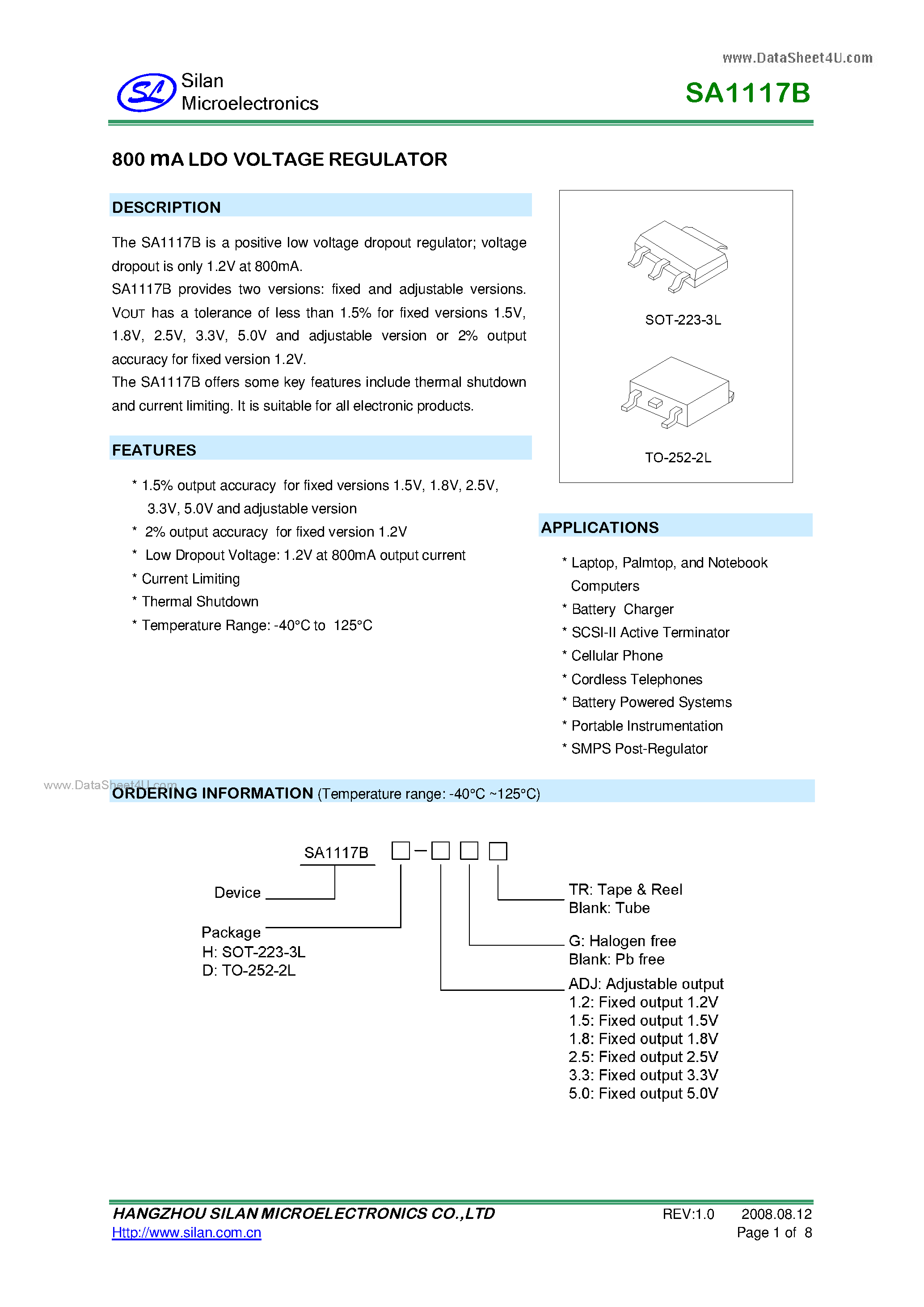 Datasheet SA1117B - 800mA LDO VOLTAGE REGULATOR page 1