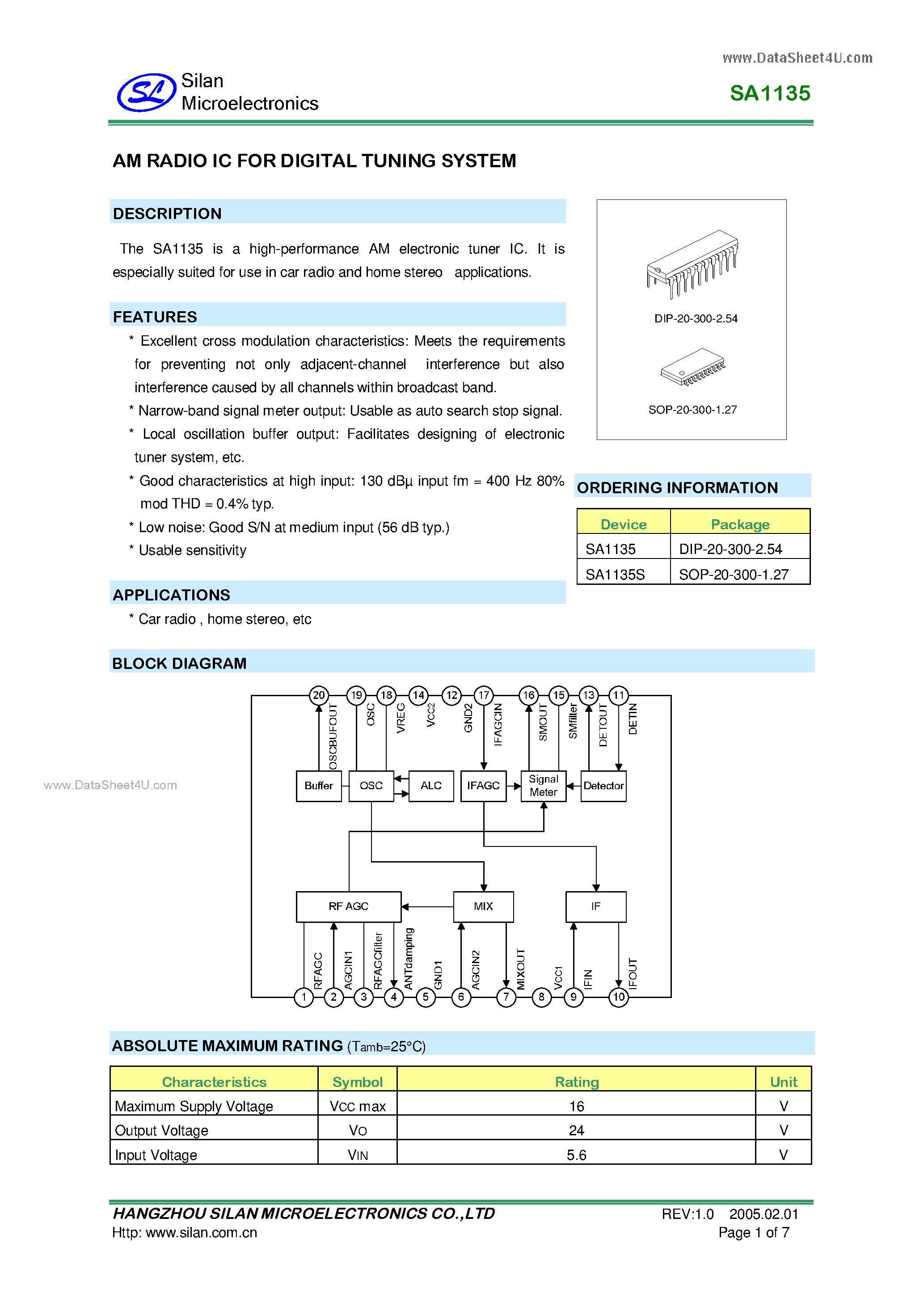 Datasheet SA1135 - AM RADIO IC FOR DIGITAL TUNING SYSTEM page 1