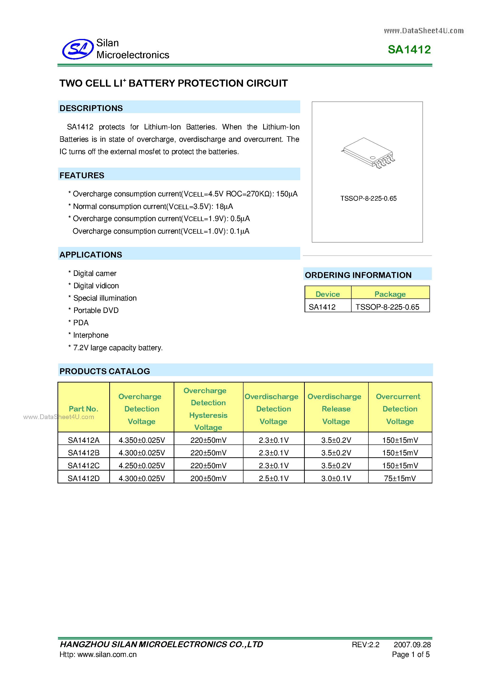 Datasheet SA1412 - TWO CELL LI+ BATTERY PROTECTION CIRCUIT page 1