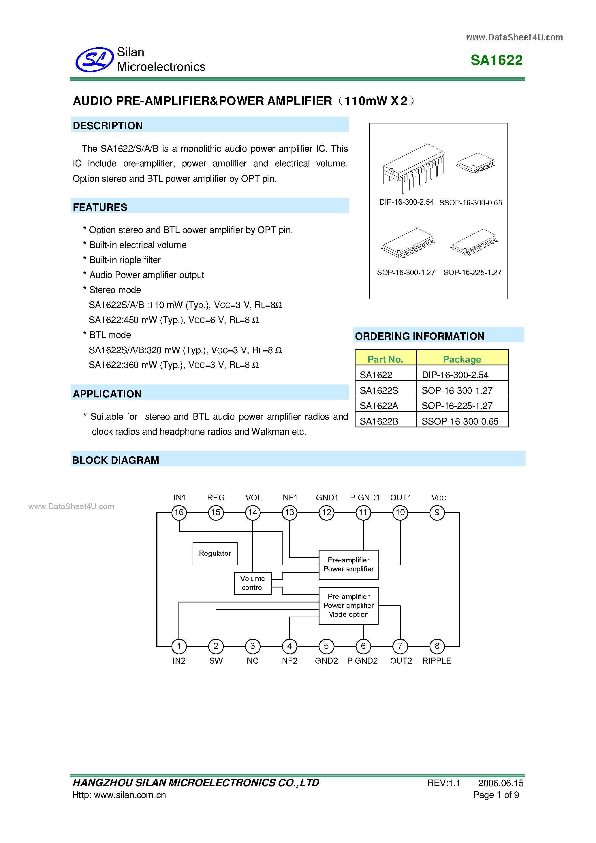 Datasheet SA1622 - AUDIO PREAMPLIFIER page 1