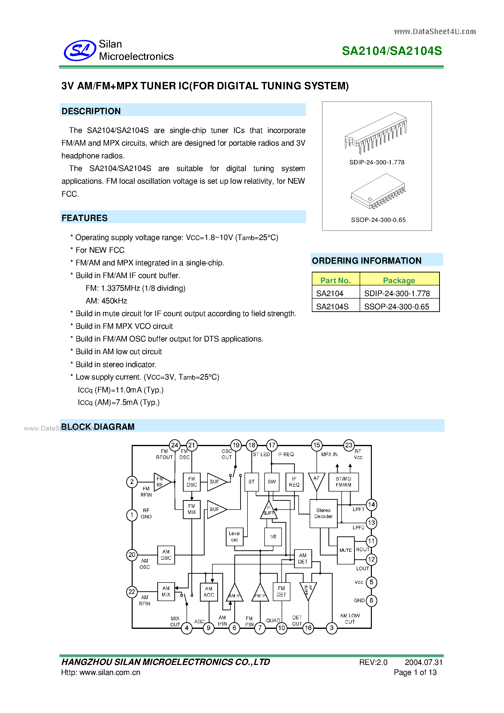 Даташит SA2104 - 3V AM/FMMPX TUNER IC страница 1