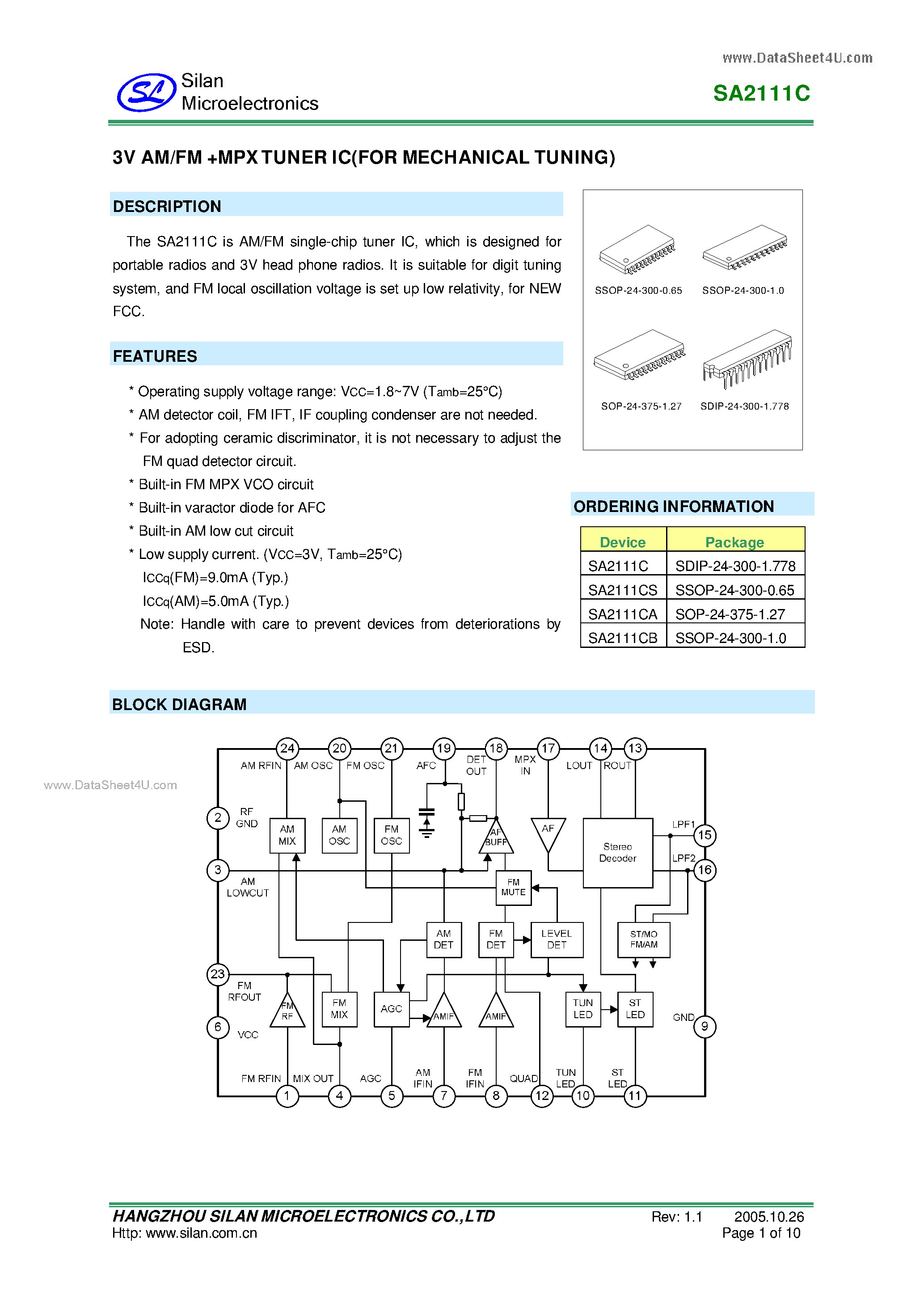 Datasheet SA2111C - 3V AM/FM MPX TUNER IC page 1