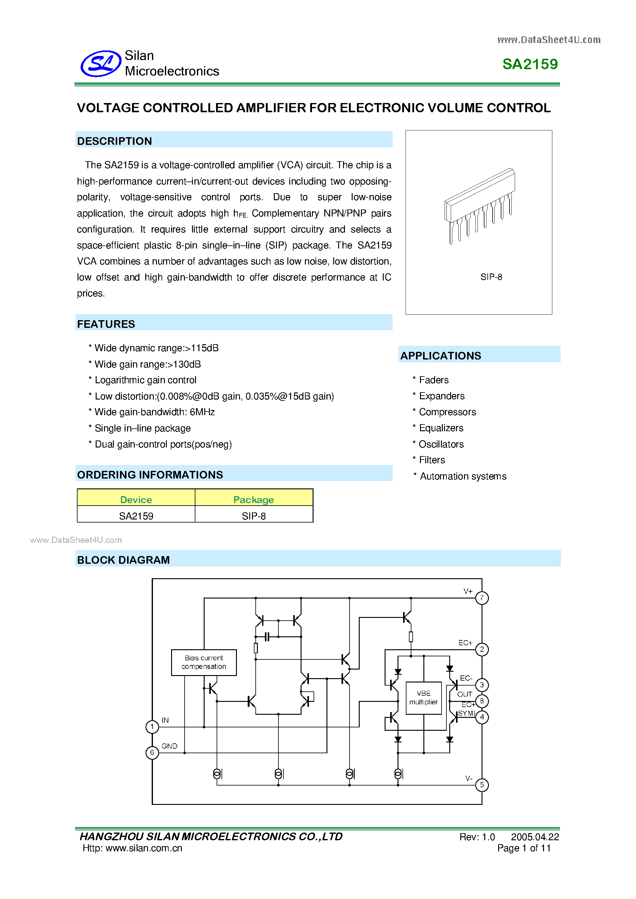 Datasheet SA2159 - VOLTAGE CONTROLLED AMPLIFIER page 1