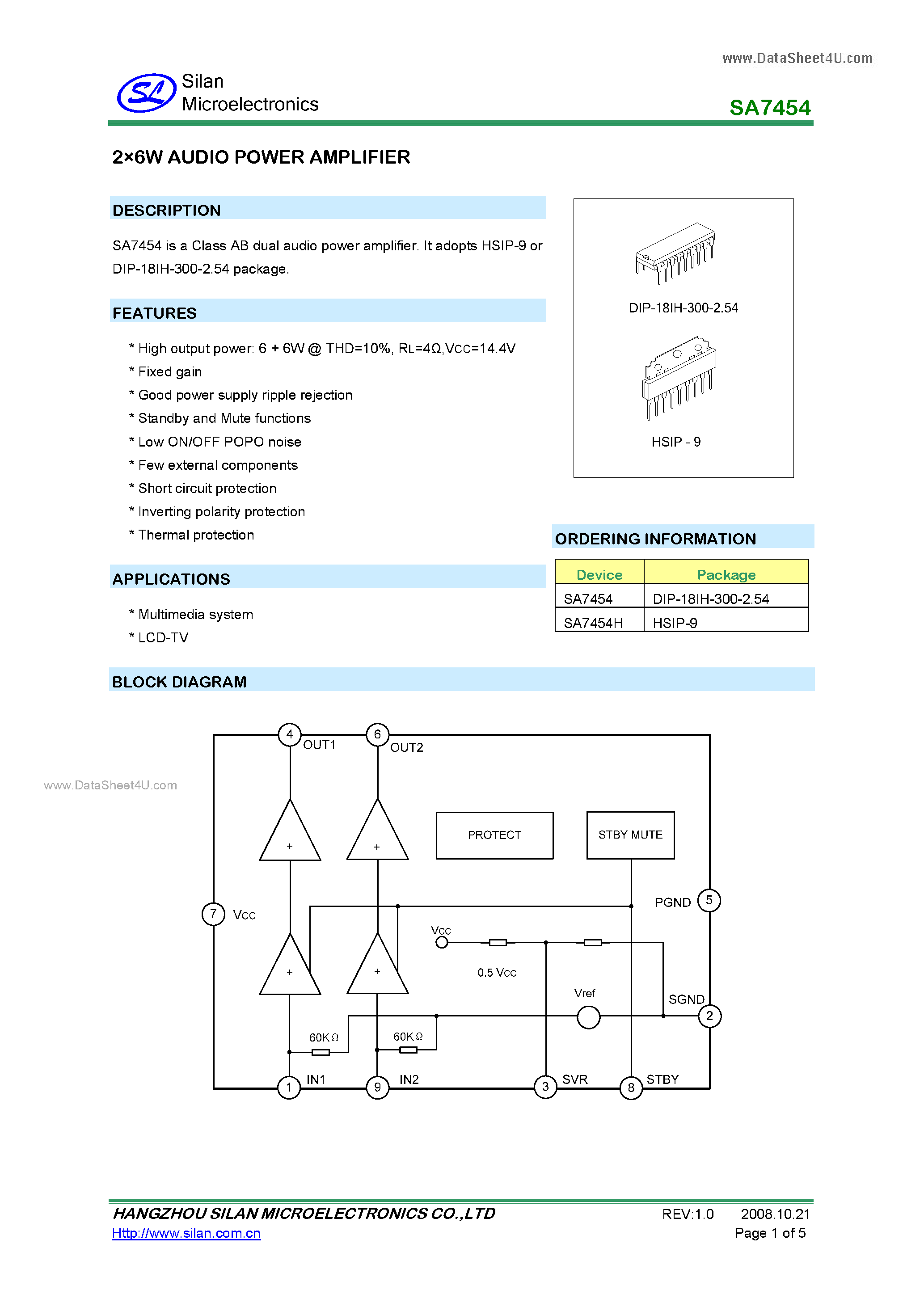 Даташит SA7454 - 2 X 6W AUDIO POWER AMPLIFIER страница 1