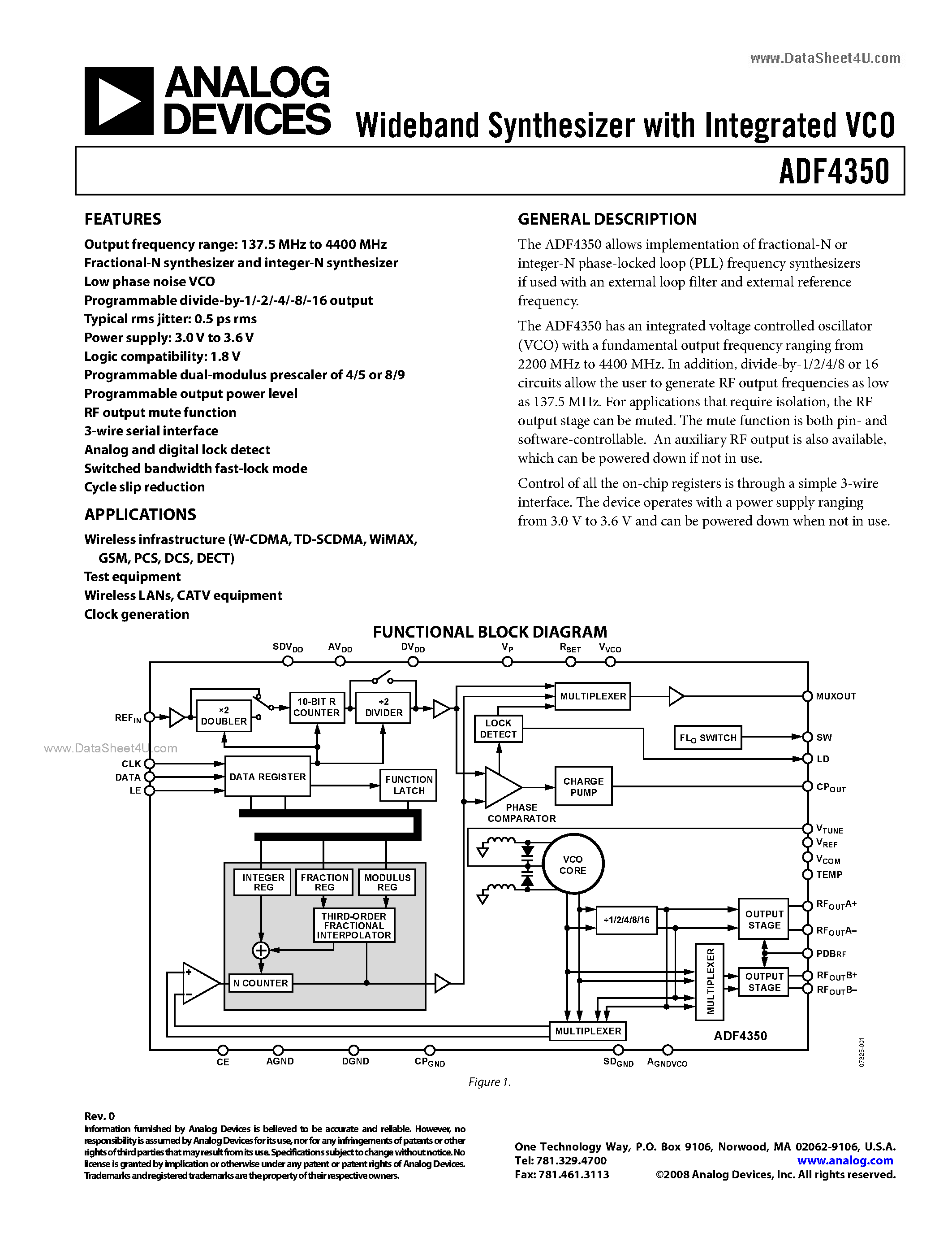 Даташит ADF4350 - Wideband Synthesizer страница 1