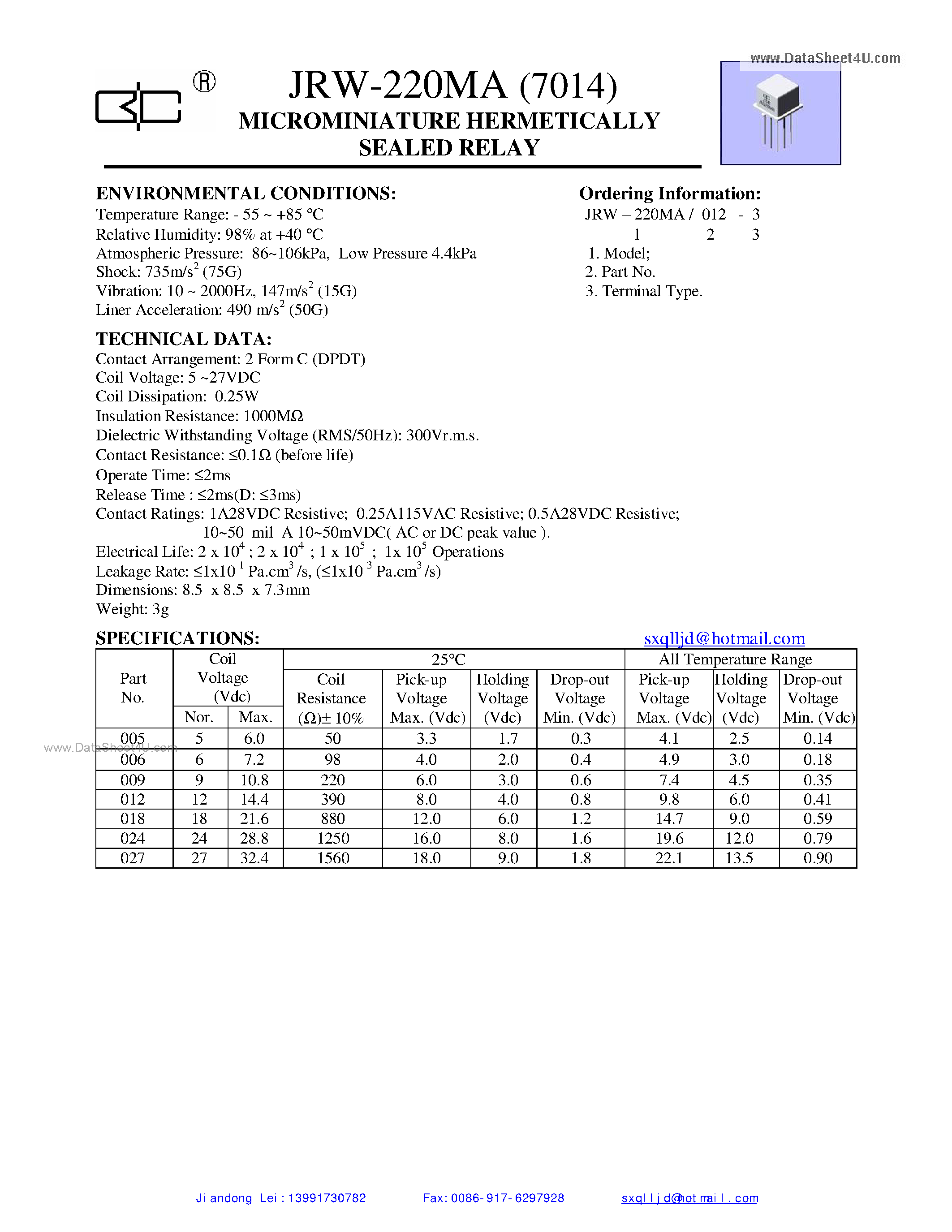 Даташит JRW-220MA - Micro Miniature Hermetically Sealed Relay страница 1