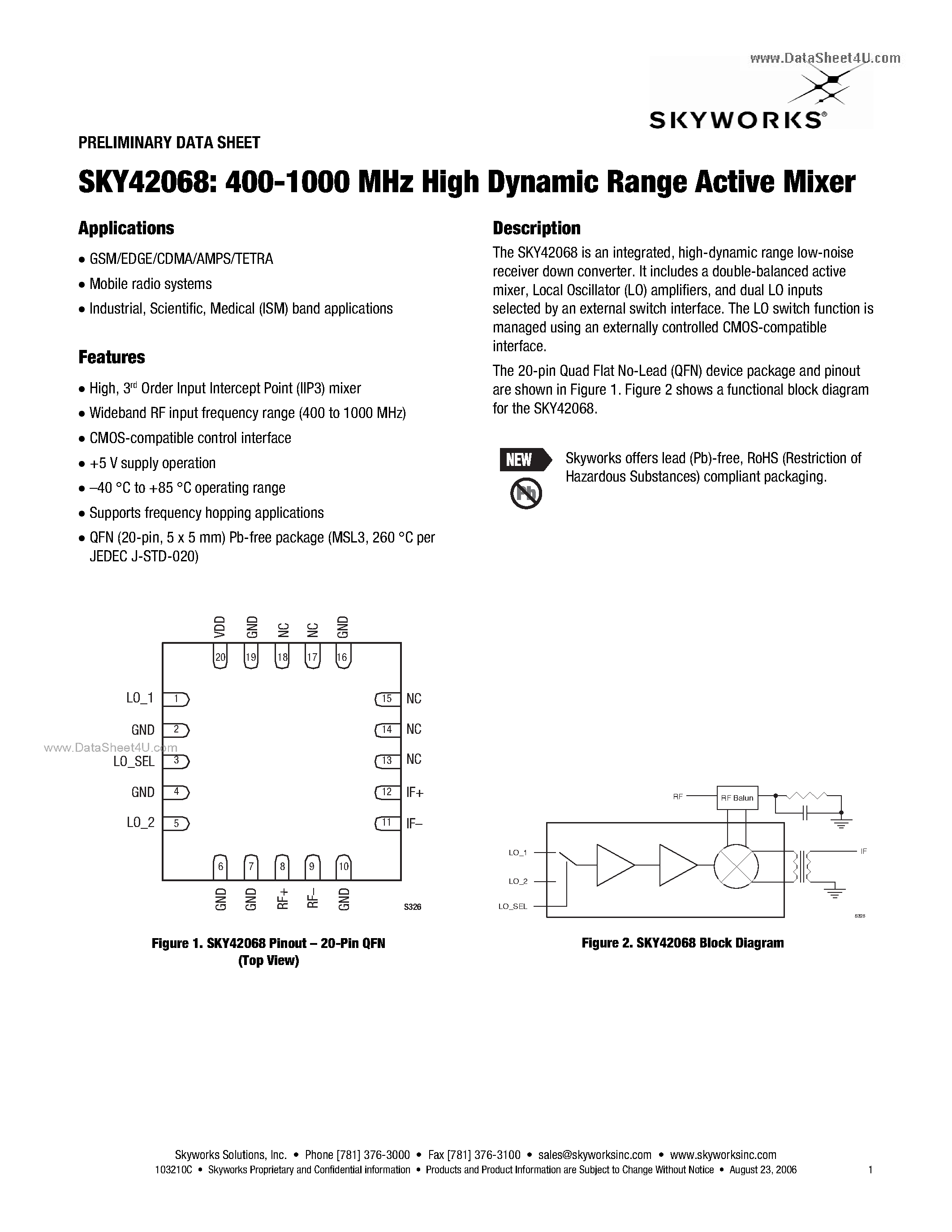 Даташит SKY42068 - 400-1000 MHz High Dynamic Range Active Mixer страница 1