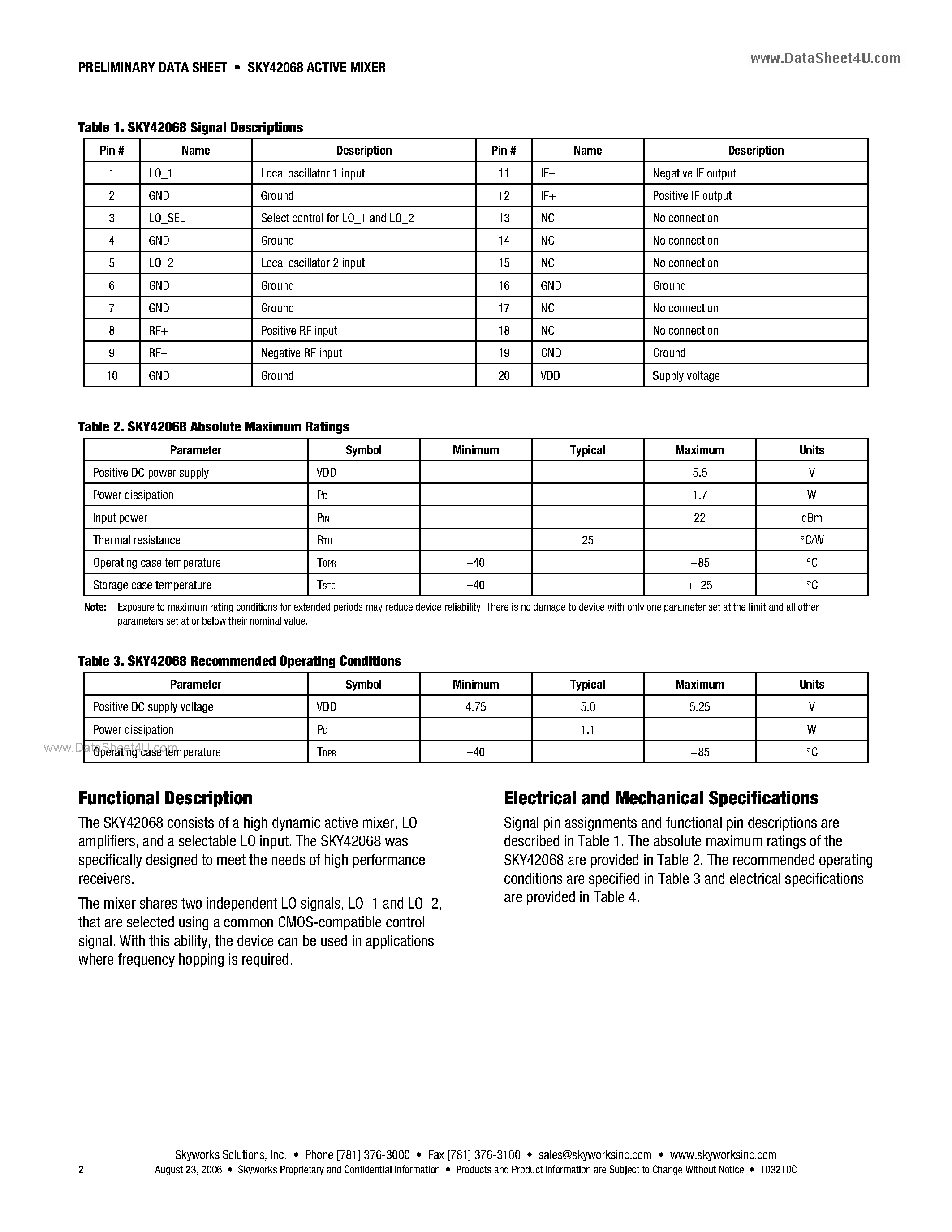 Даташит SKY42068 - 400-1000 MHz High Dynamic Range Active Mixer страница 2