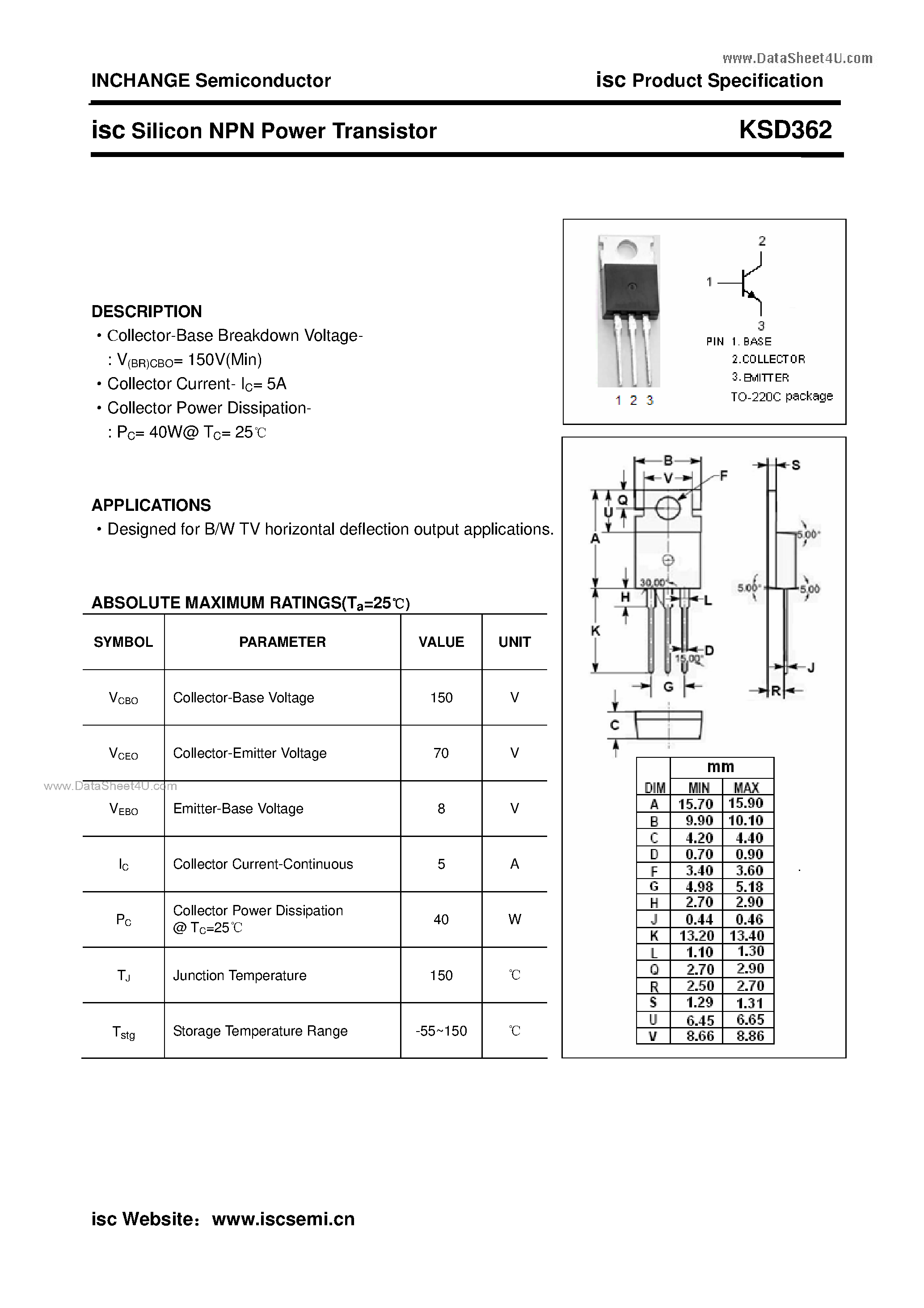 Datasheet KSD362 - Silicon NPN Power Transistor page 1