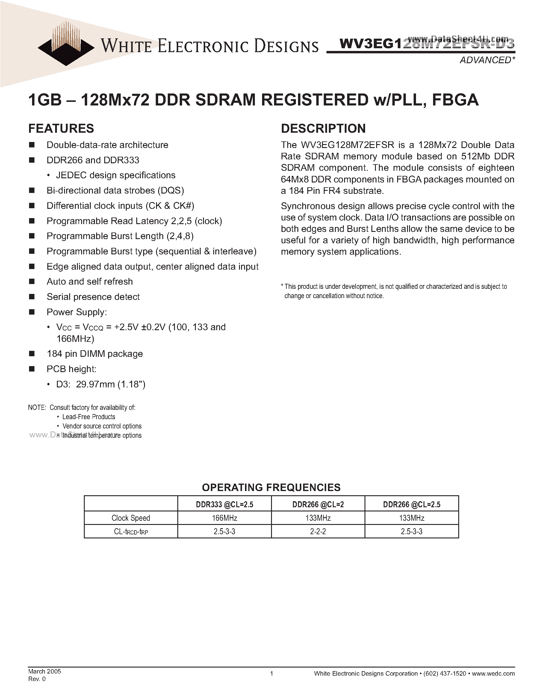 Даташит WV3EG128M72EFSR-D3 - 1GB - 128Mx72 DDR SDRAM REGISTERED w/PLL страница 1