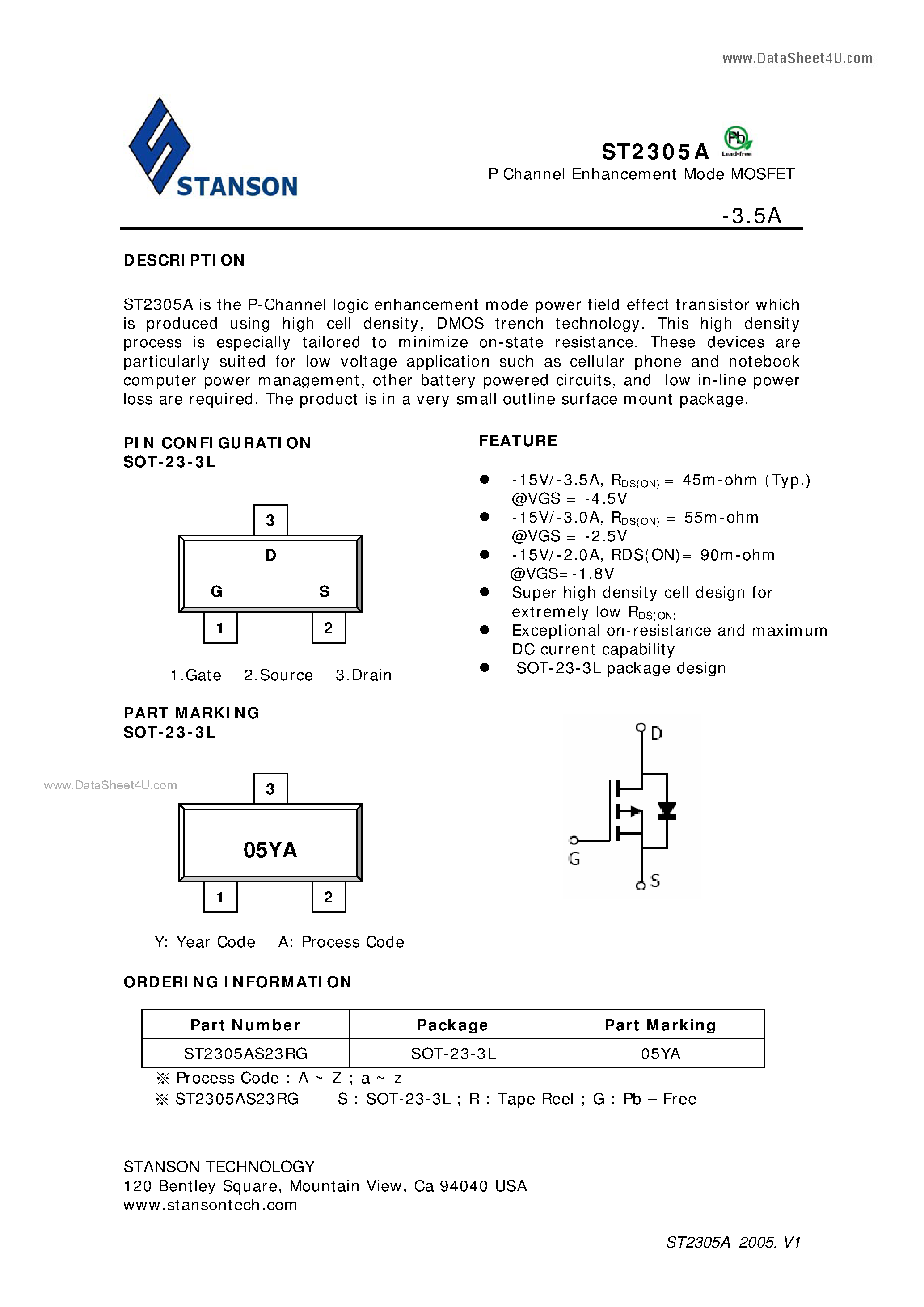 Даташит ST2305A - P Channel Enhancement Mode MOSFET страница 1