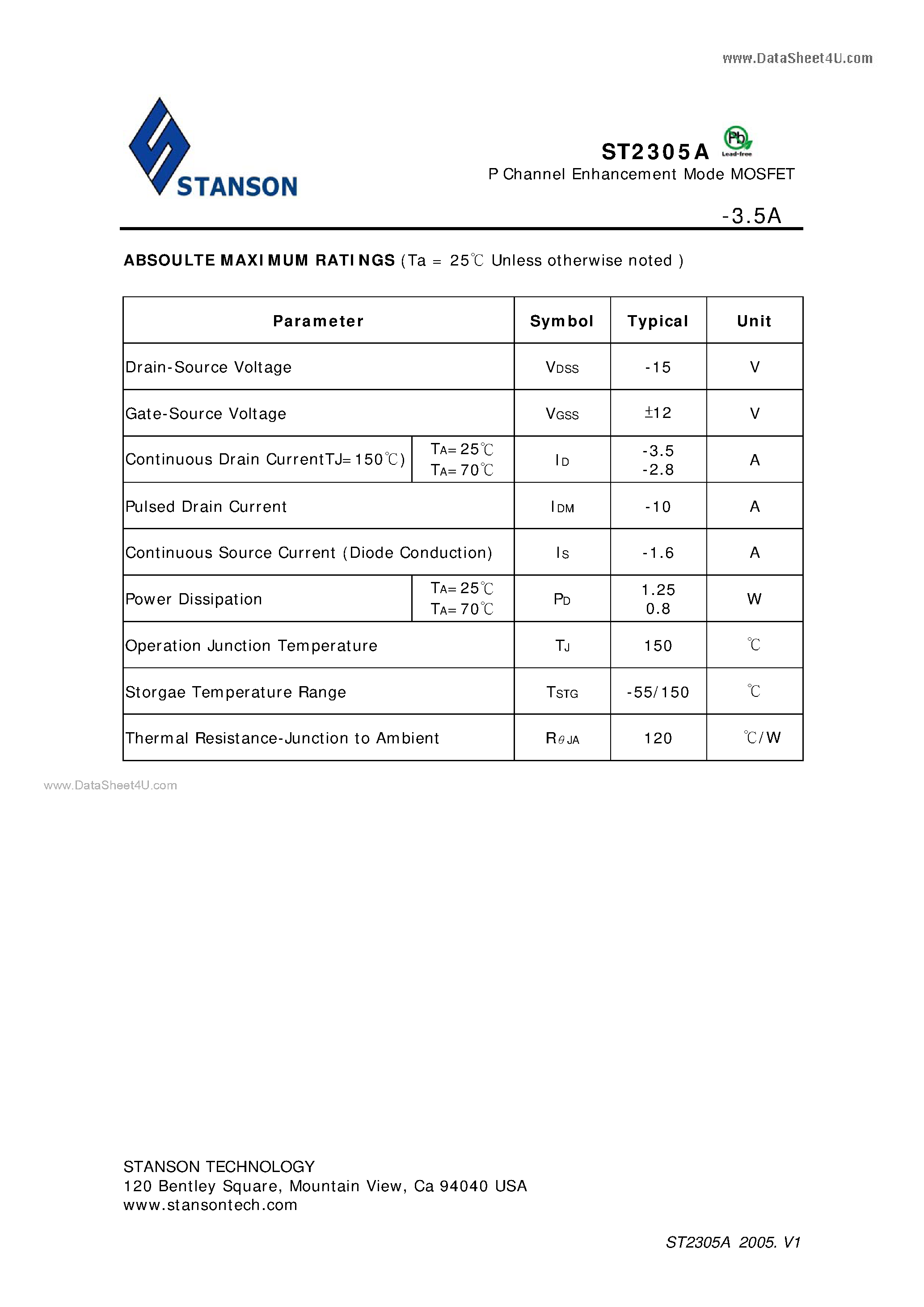 Даташит ST2305A - P Channel Enhancement Mode MOSFET страница 2