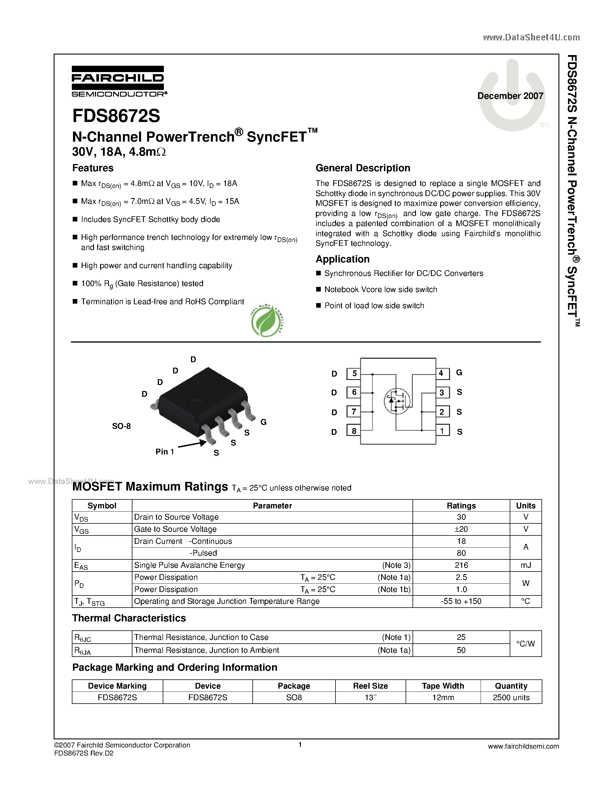 Даташит FDS8672S - N-Channel MOSFET страница 1