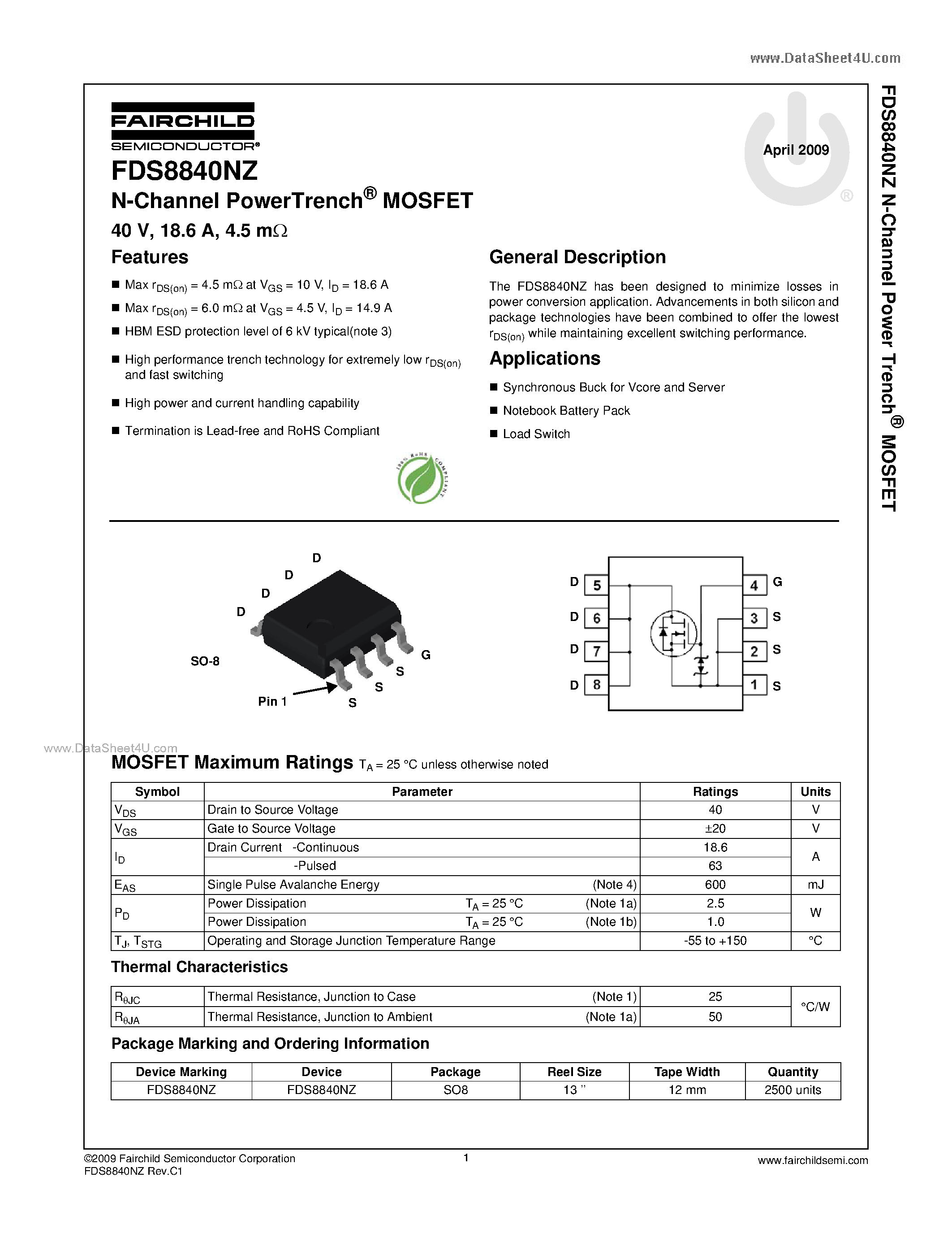 Даташит FDS8840NZ - N-Channel MOSFET страница 1