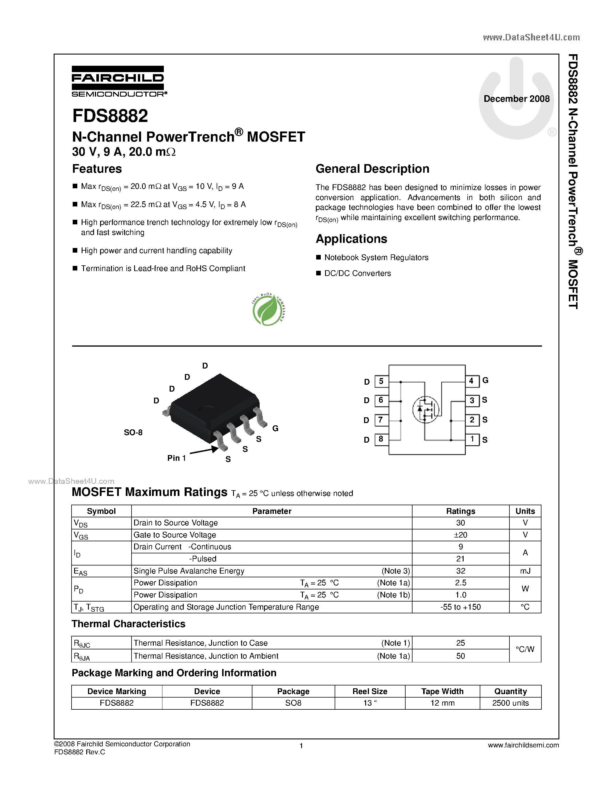 Datasheet FDS8882 - N-Channel MOSFET page 1