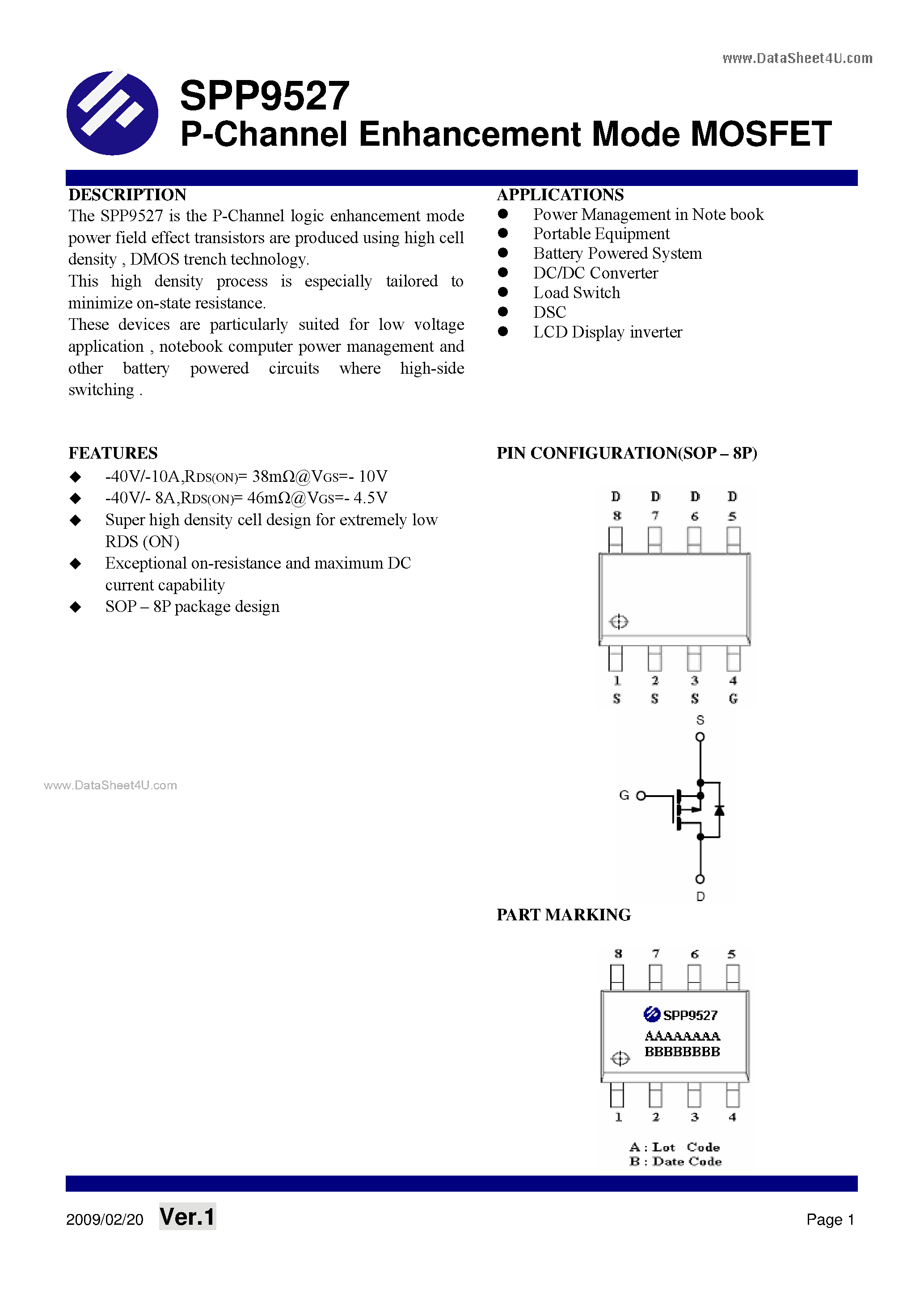 Даташит на микросхему SPP9527 страница 1 Даташит SPP9527 - P-Channel Enhancement Mode MOSFET страница 1