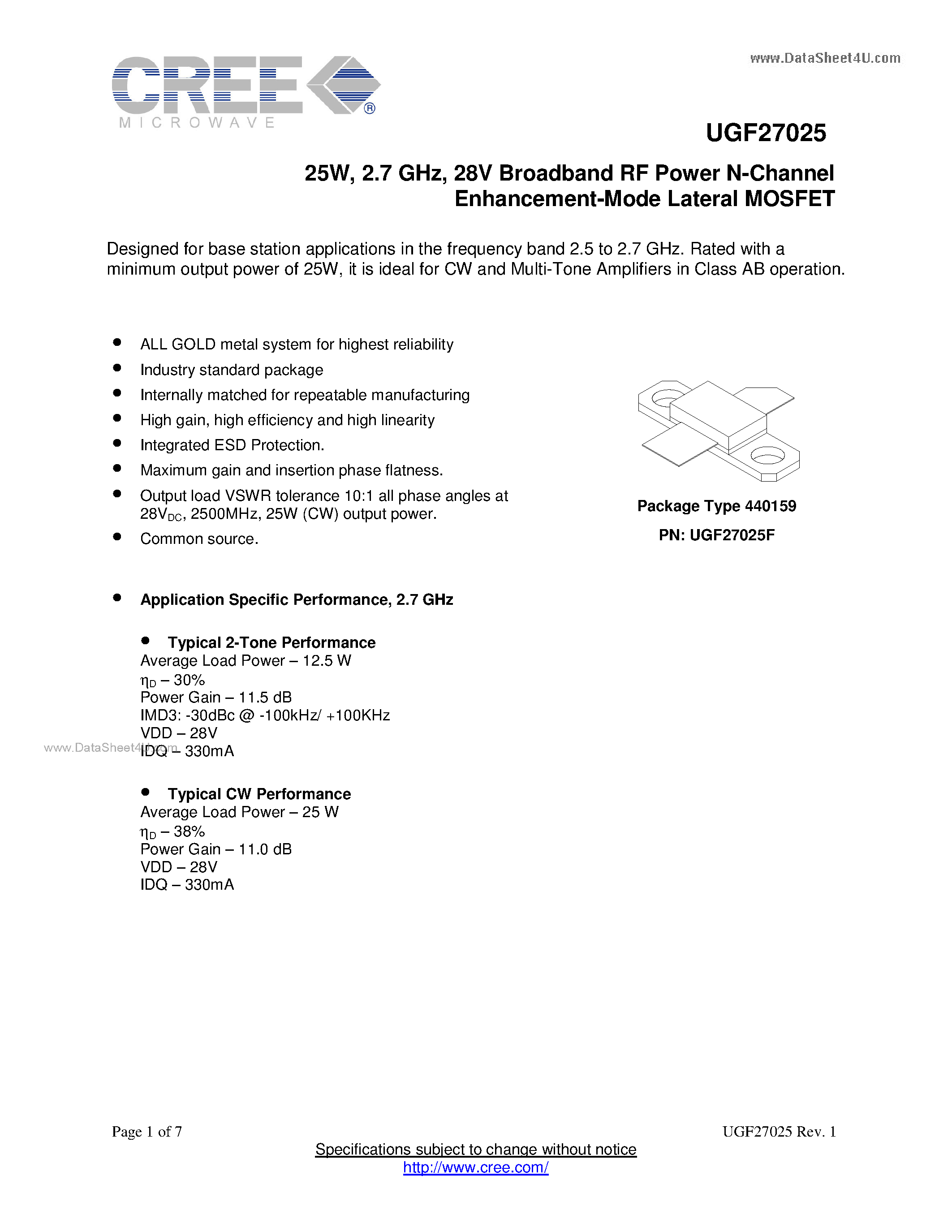 Даташит UGF27025 - 28V Broadband RF Power N-Channel Enhancement-Mode Lateral MOSFET страница 1