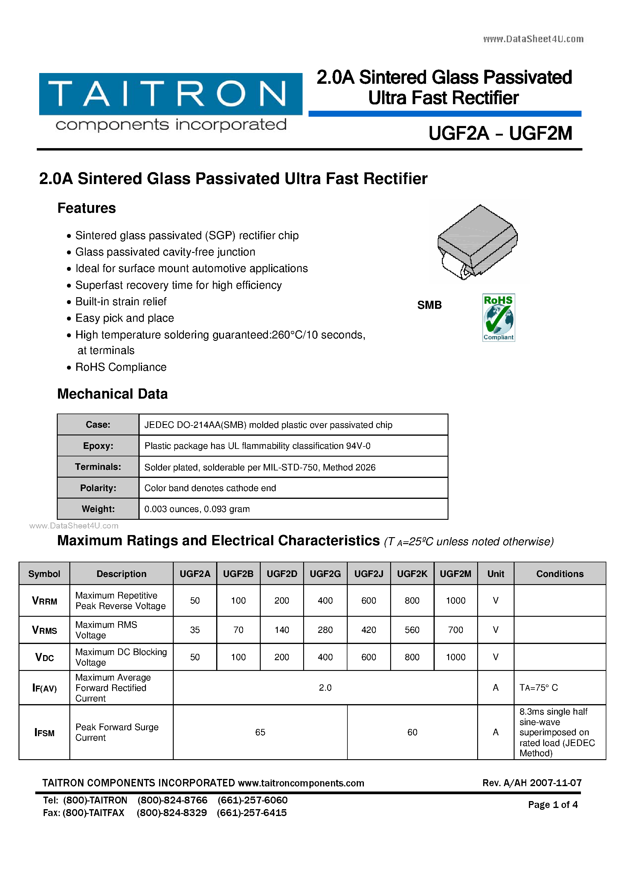 Даташит UGF2A - 2.0A Sintered Glass Passivated Ultra Fast Rectifier страница 1