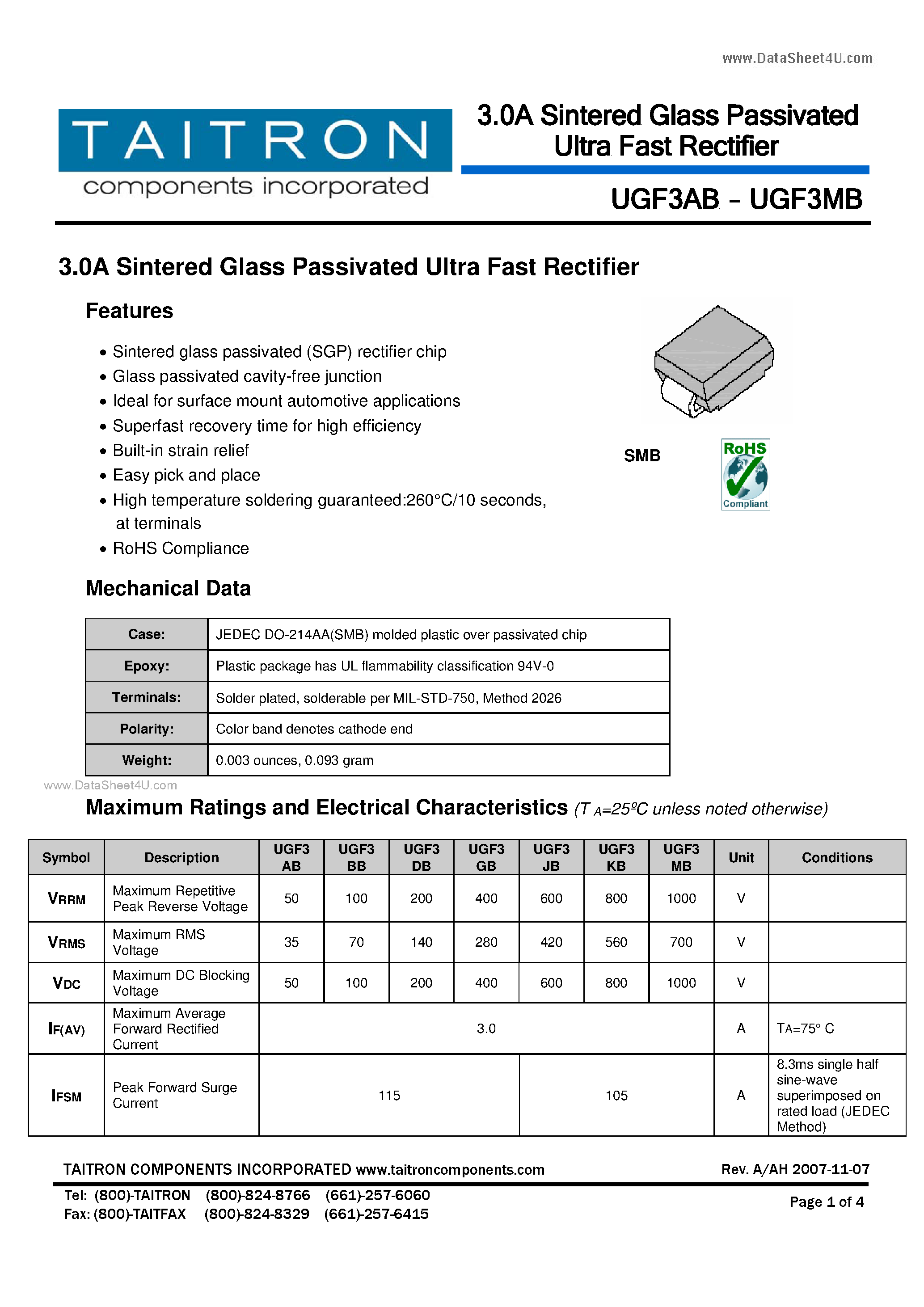 Даташит UGF3AB - 3.0A Sintered Glass Passivated Ultra Fast Rectifier страница 1