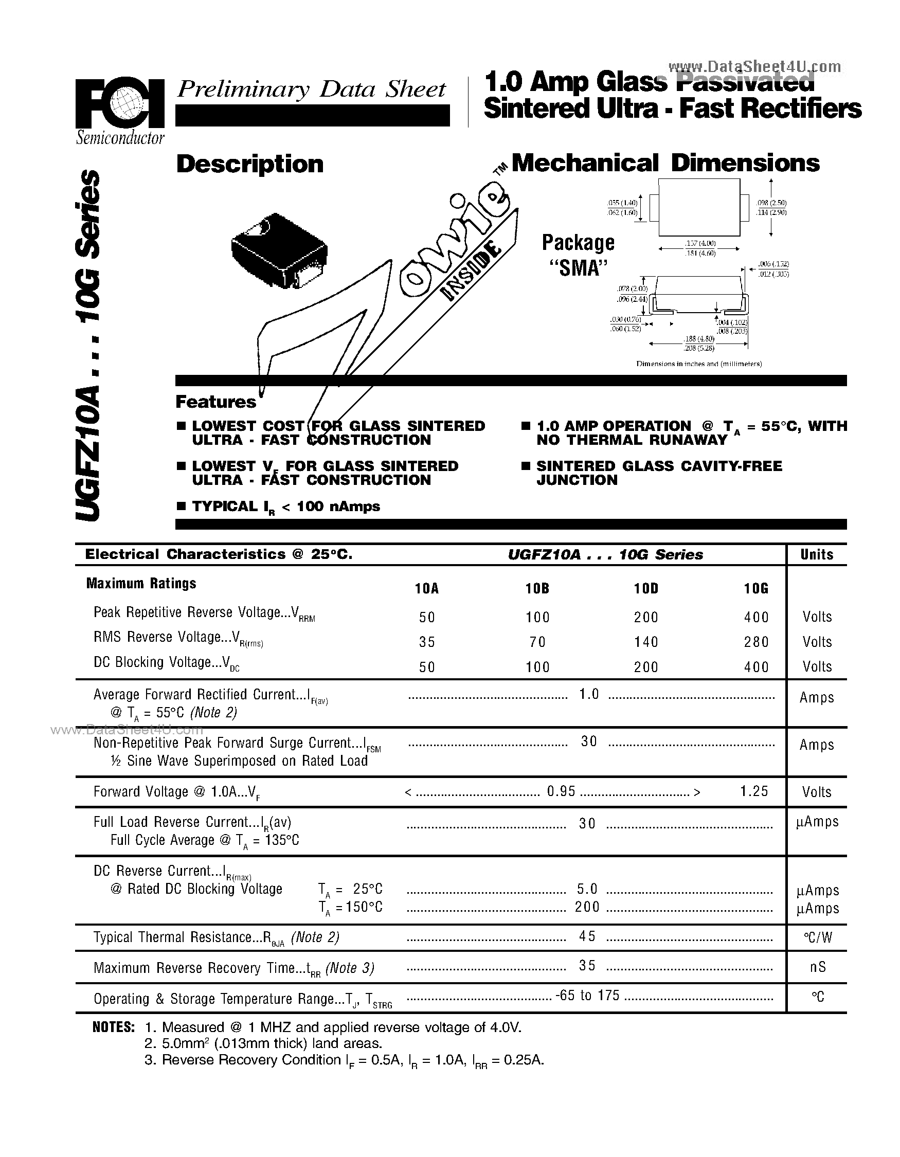 Datasheet UGFZ10A - 1.0 Amp Glass Passivated Sintered Ultra - Fast Rectifiers page 1